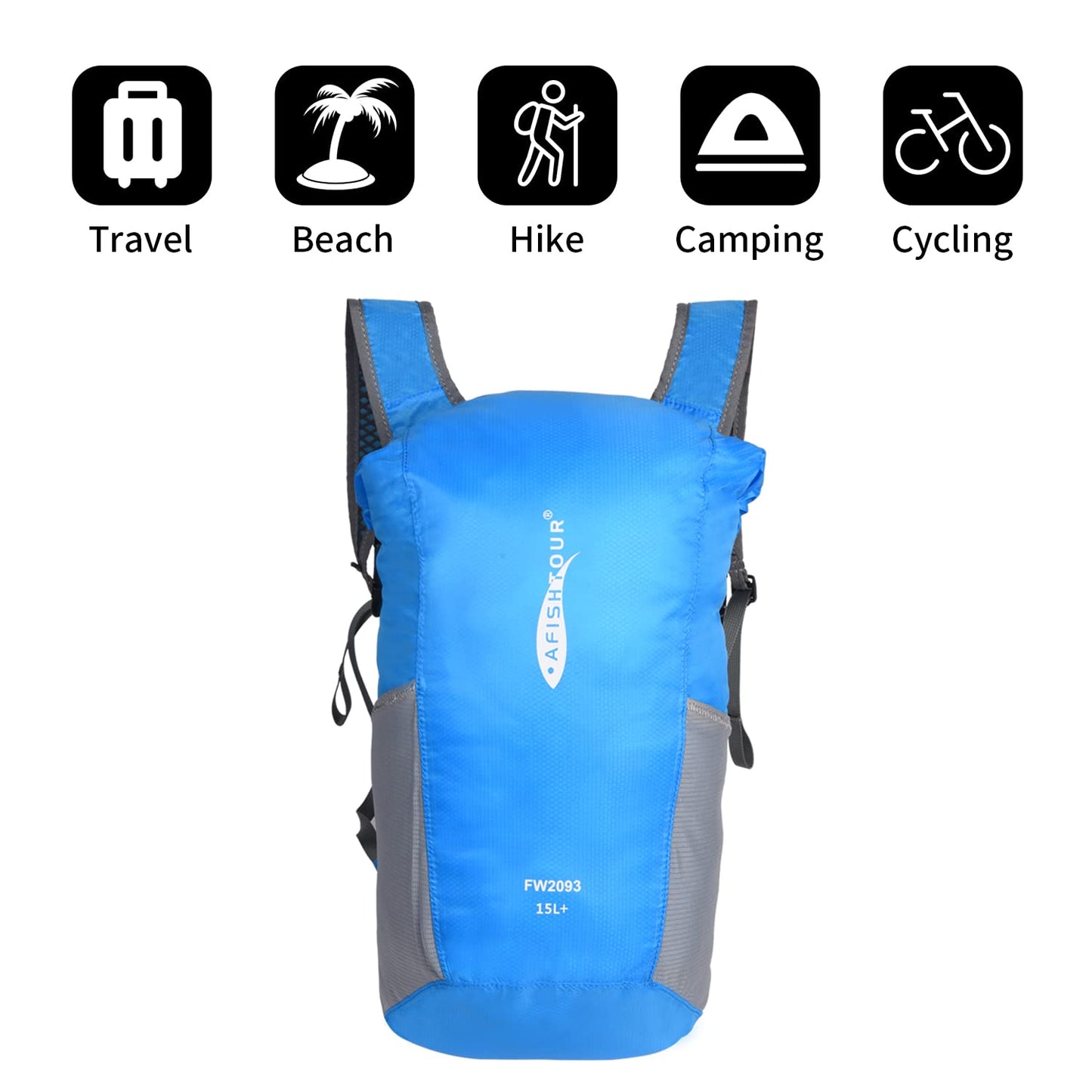 AFISHTOUR Ultralight Water Resistant Backpack for Men & Women, 15L Packable Hiking Daypack, Roll Top Closure Small Dry Bag Backpack for Cycling, Camping, Skiing, Boating (Blue)