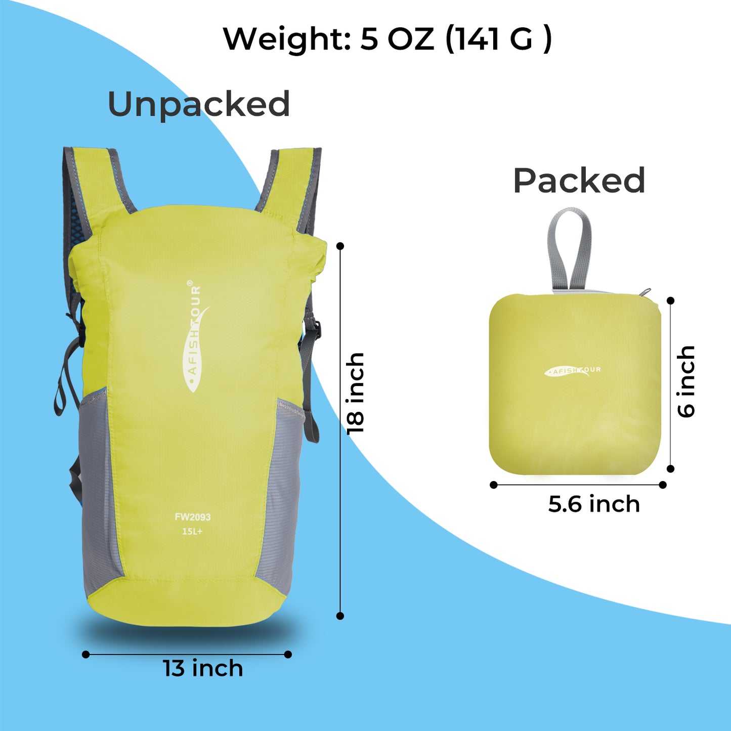 AFISHTOUR Ultralight Water Resistant Backpack for Men & Women, 15L Packable Hiking Daypack, Roll Top Closure Small Dry Bag Backpack for Cycling, Camping, Skiing, Boating (Yellow)