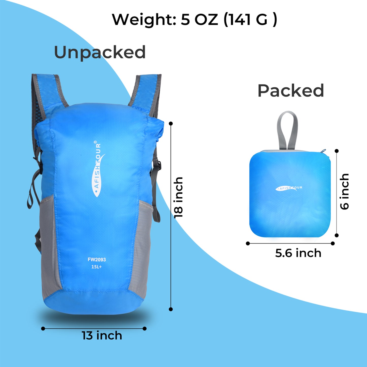 AFISHTOUR Ultralight Water Resistant Backpack for Men & Women, 15L Packable Hiking Daypack, Roll Top Closure Small Dry Bag Backpack for Cycling, Camping, Skiing, Boating (Blue)