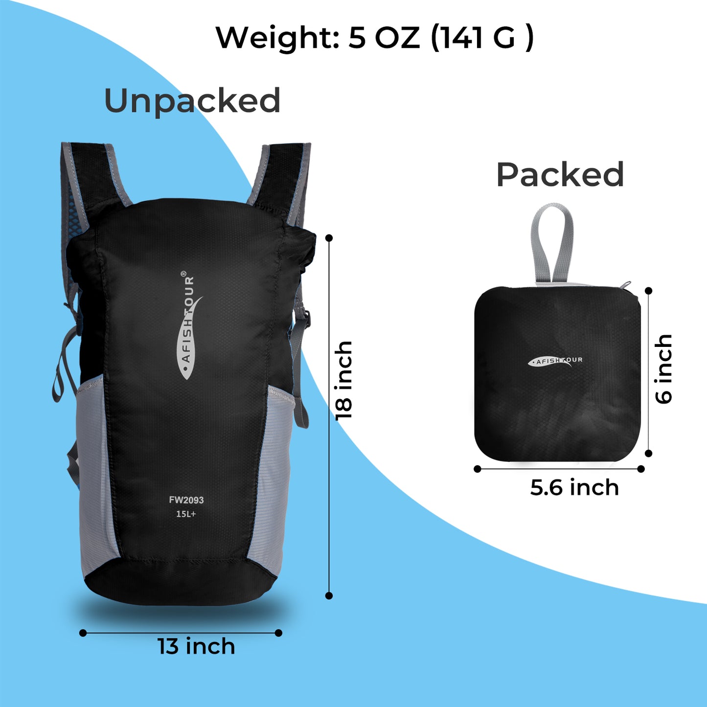 AFISHTOUR Ultralight Water Resistant Backpack for Men & Women, 15L Packable Hiking Daypack, Roll Top Closure Small Dry Bag Backpack for Cycling, Camping, Skiing, Boating (Black)
