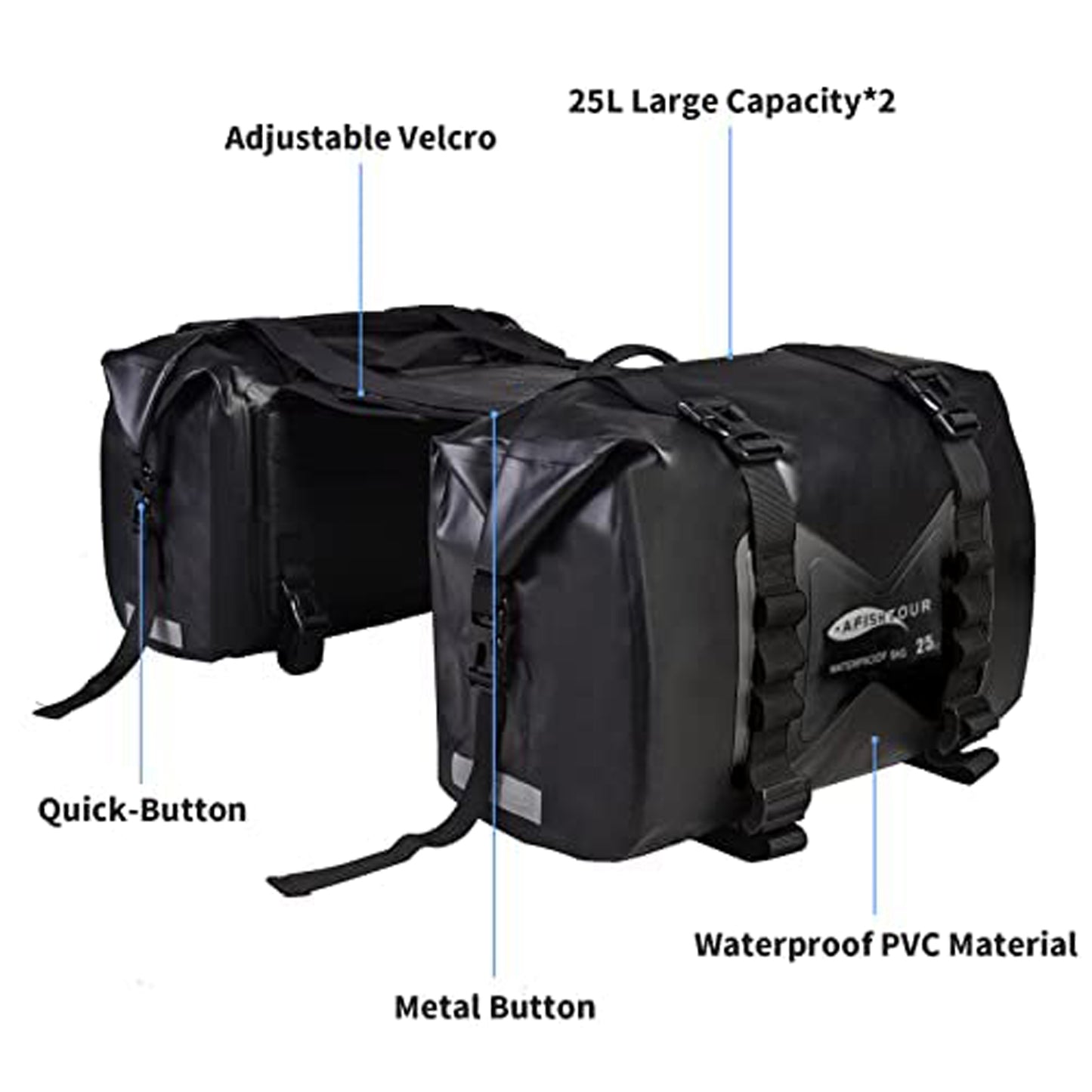 AFISHTOUR Waterproof Motorcycle Saddlebags - 50L Motorcycle Luggage Bags for Motorbike Travel - Motorcycle Panniers - Detachable Bag for Scooter, Honda, Suzuki, Yamaha (Black, 2 Pack)