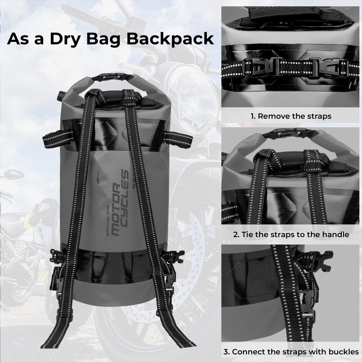 AFISHTOUR 25L Waterproof Motorcycle Dry Bag - Motorcycle Luggage Tail Bag with Straps for Back Seat - Roll Top Dry Bag for Kayaking, Rafting, Boating, Camping, Travel, Beach (Grey)