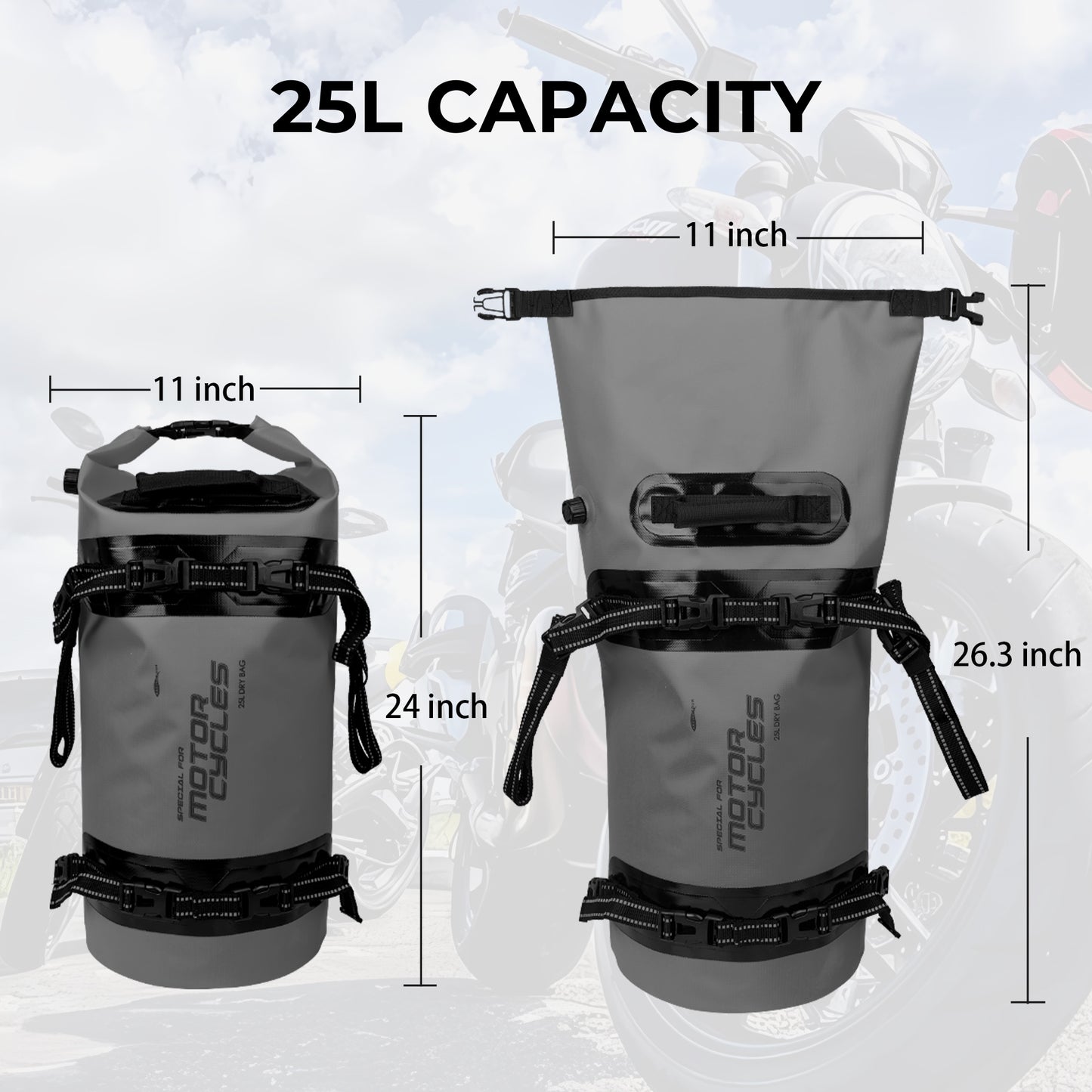 AFISHTOUR 25L Waterproof Motorcycle Dry Bag - Motorcycle Luggage Tail Bag with Straps for Back Seat - Roll Top Dry Bag for Kayaking, Rafting, Boating, Camping, Travel, Beach (Grey)