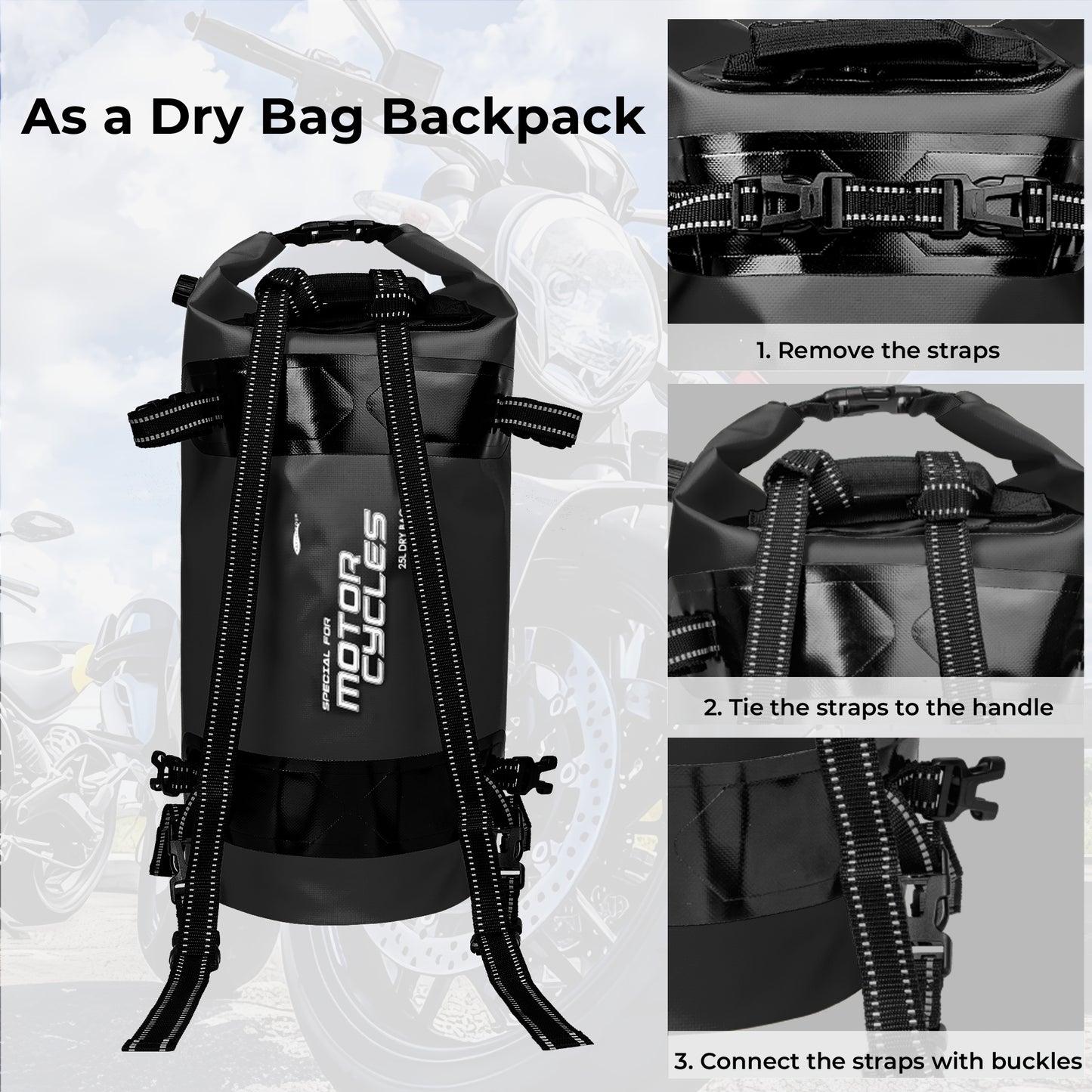 AFISHTOUR 25L Waterproof Motorcycle Dry Bag - Motorcycle Luggage Tail Bag with Straps for Back Seat - Roll Top Dry Bag for Kayaking, Rafting, Boating, Camping, Travel, Beach (Black)