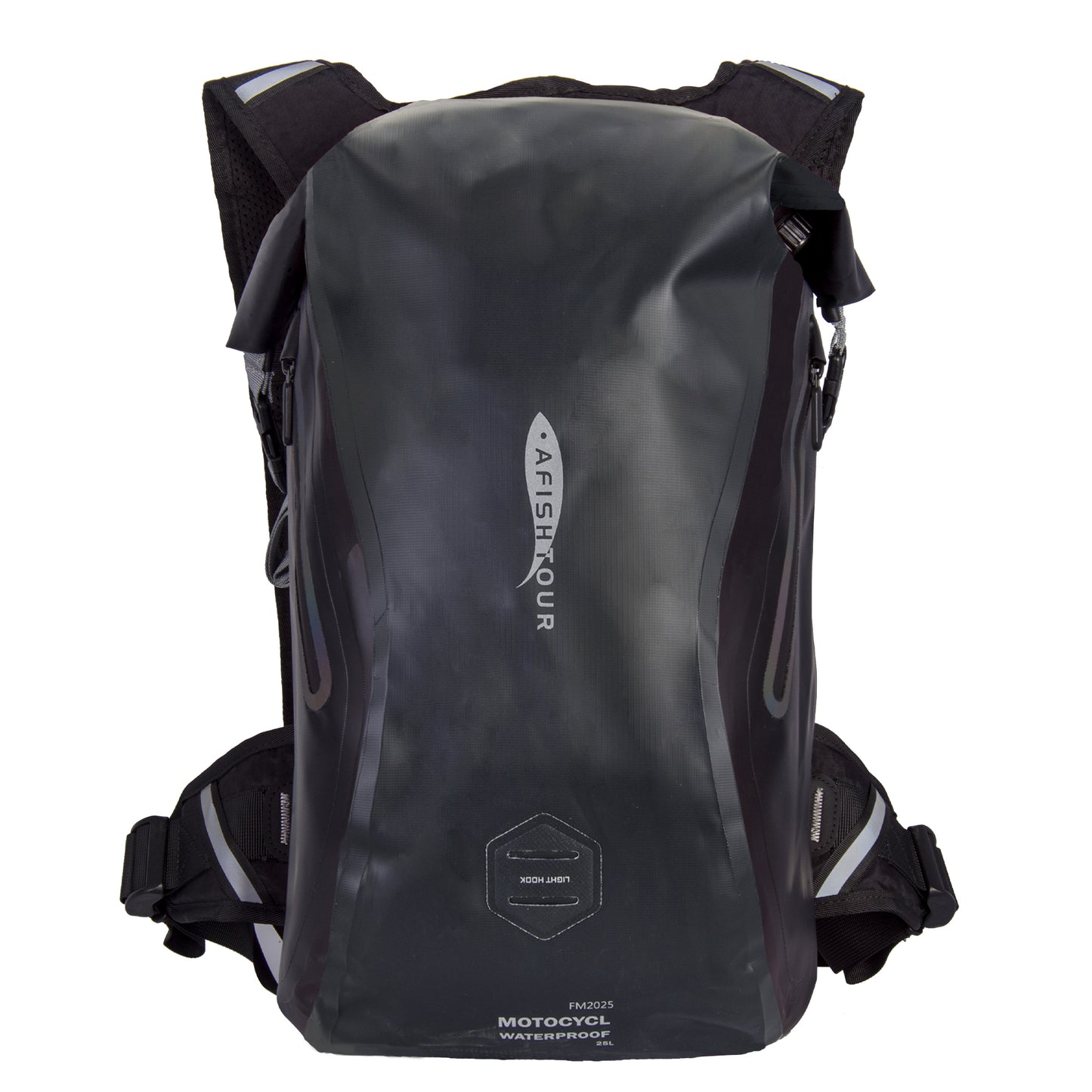 AFISHTOUR Waterproof Motorcycle Backpack for Men and Women - 25L Roll-Top Closure Dry Bag Backpack with Vest-Like Shoulder Straps, Side Pockets, Reflective Logo (Black)