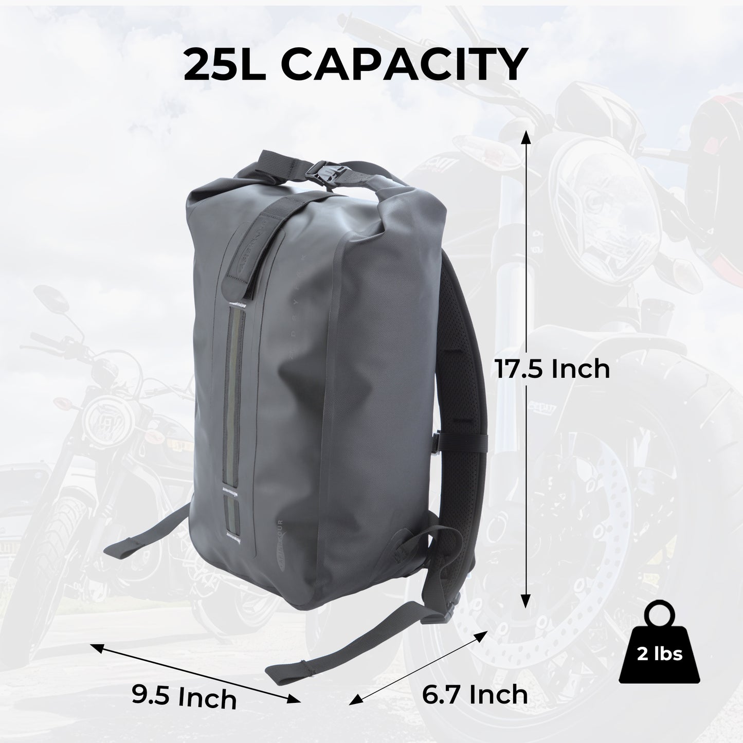 AFISHTOUR Waterproof Backpack for Men and Women - 25L Roll-Top Closure Dry Bag Backpack for Motorcycle, Kayaking, Rafting, Boating, Beach (Black)