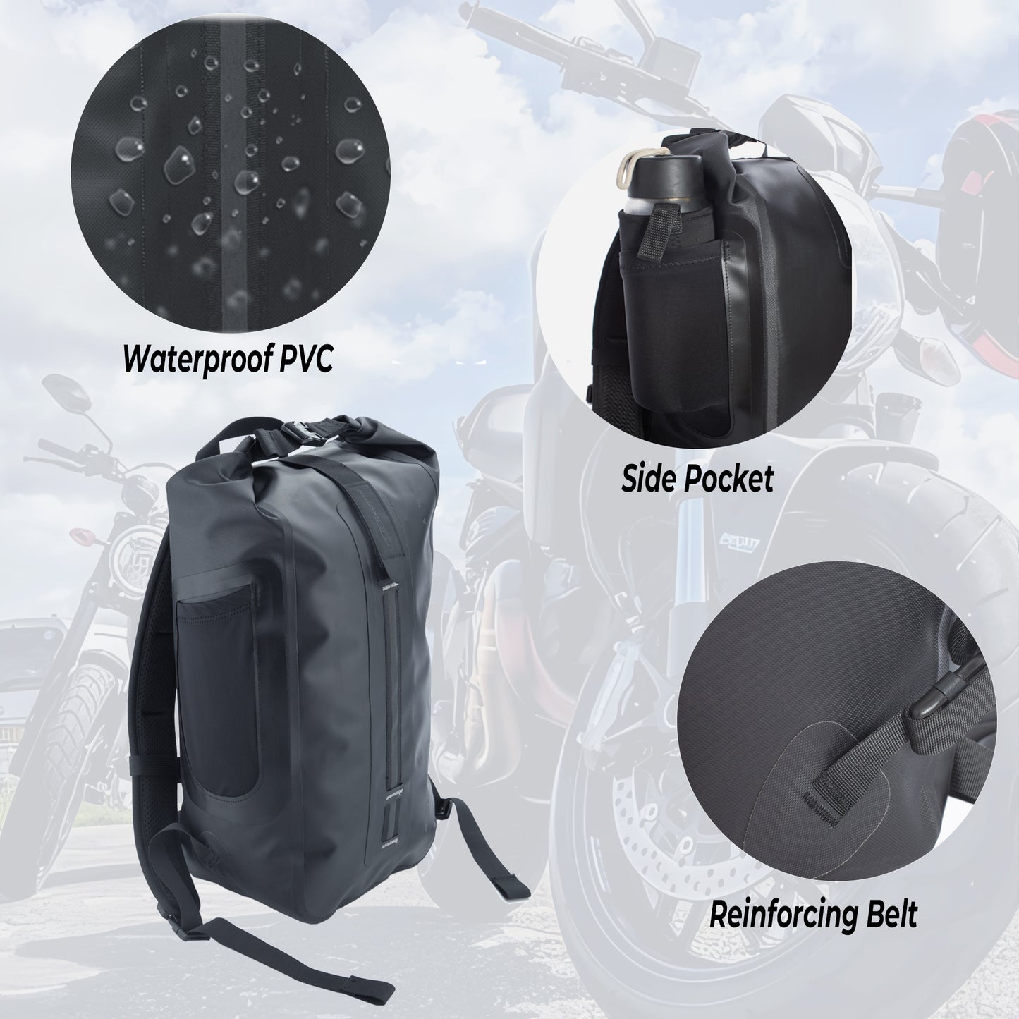 AFISHTOUR Waterproof Backpack for Men and Women - 25L Roll-Top Closure Dry Bag Backpack for Motorcycle, Kayaking, Rafting, Boating, Beach (Black)