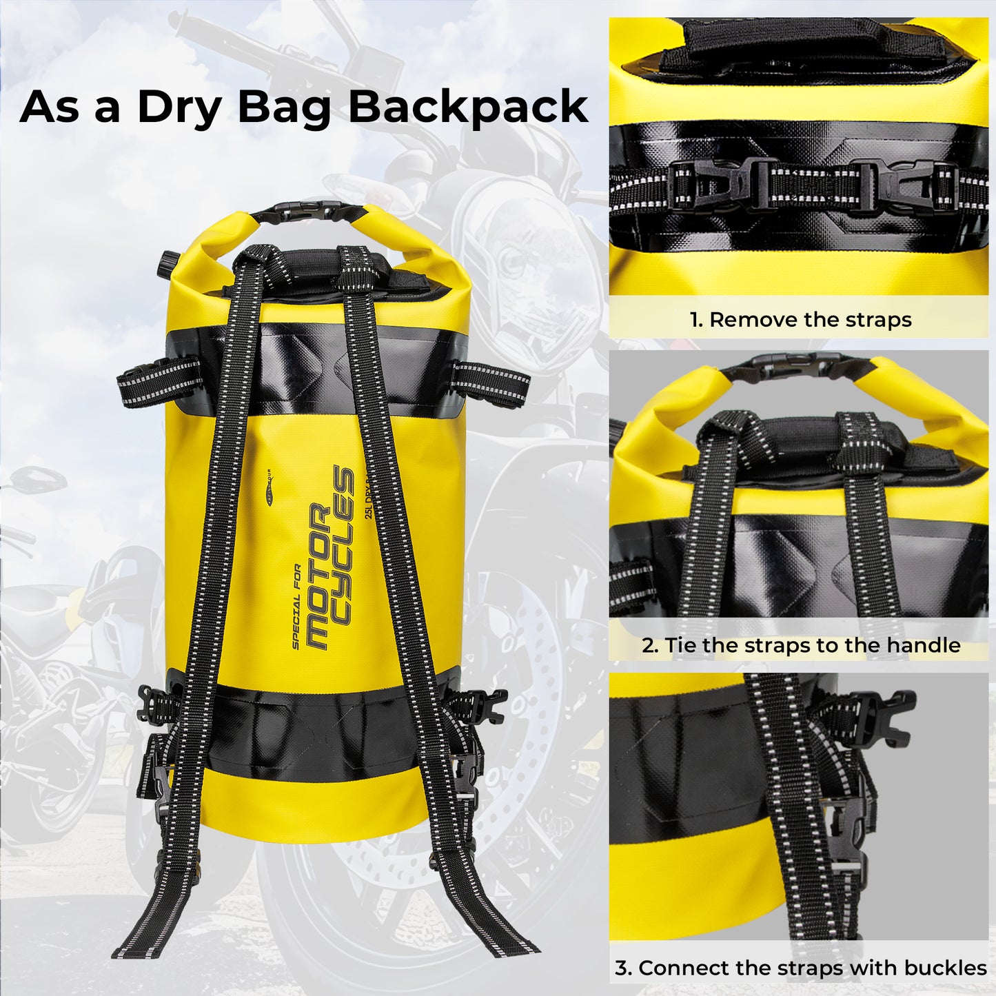 AFISHTOUR 25L Waterproof Motorcycle Dry Bag - Motorcycle Luggage Tail Bag with Straps for Back Seat - Roll Top Dry Bag for Kayaking, Rafting, Boating, Camping, Travel, Beach (Yellow)