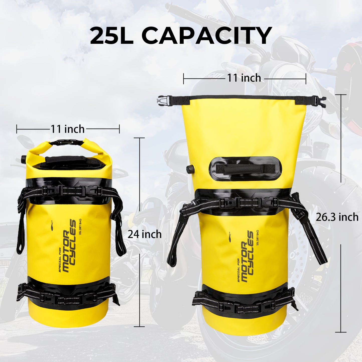 AFISHTOUR 25L Waterproof Motorcycle Dry Bag - Motorcycle Luggage Tail Bag with Straps for Back Seat - Roll Top Dry Bag for Kayaking, Rafting, Boating, Camping, Travel, Beach (Yellow)
