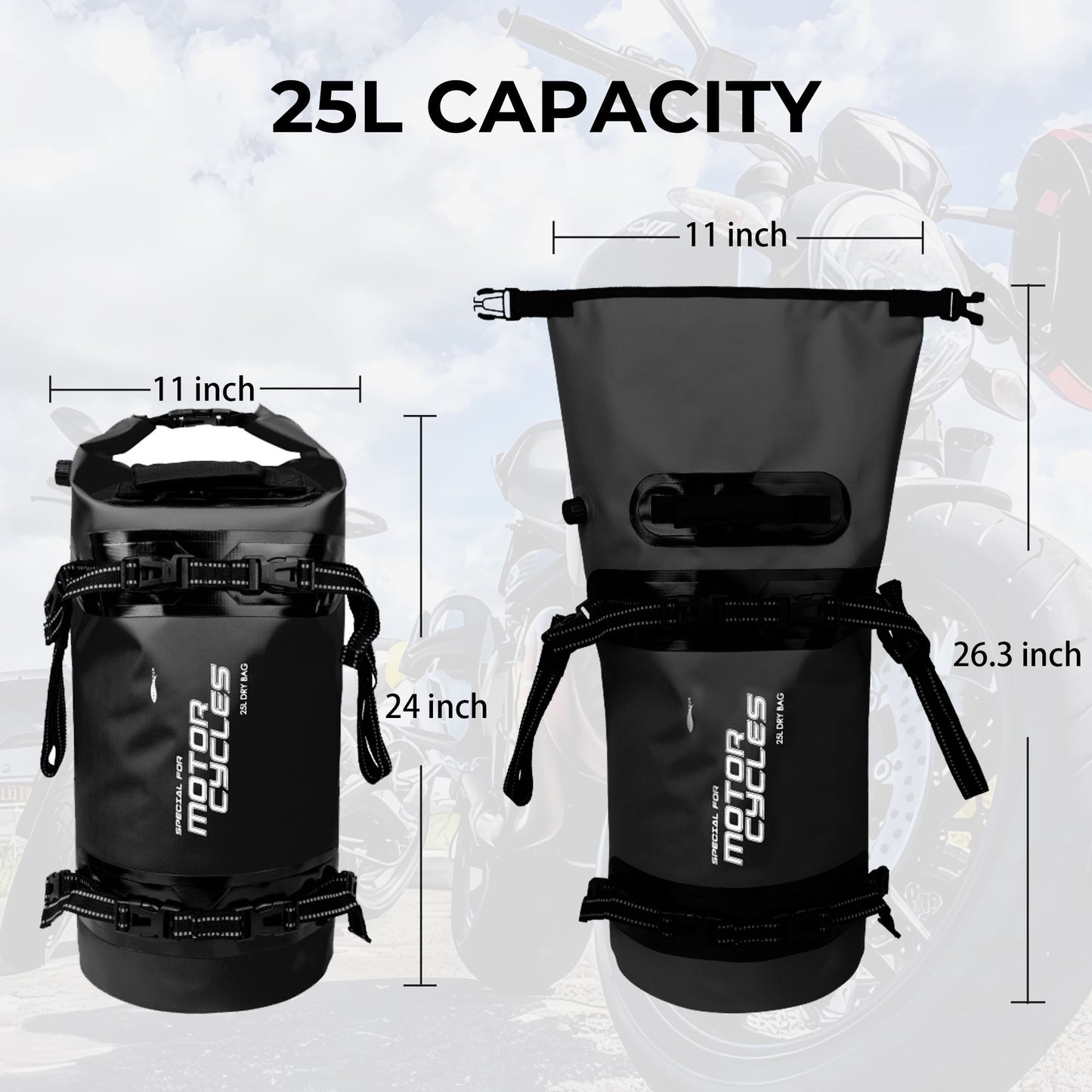 AFISHTOUR 25L Waterproof Motorcycle Dry Bag - Motorcycle Luggage Tail Bag with Straps for Back Seat - Roll Top Dry Bag for Kayaking, Rafting, Boating, Camping, Travel, Beach (Black)