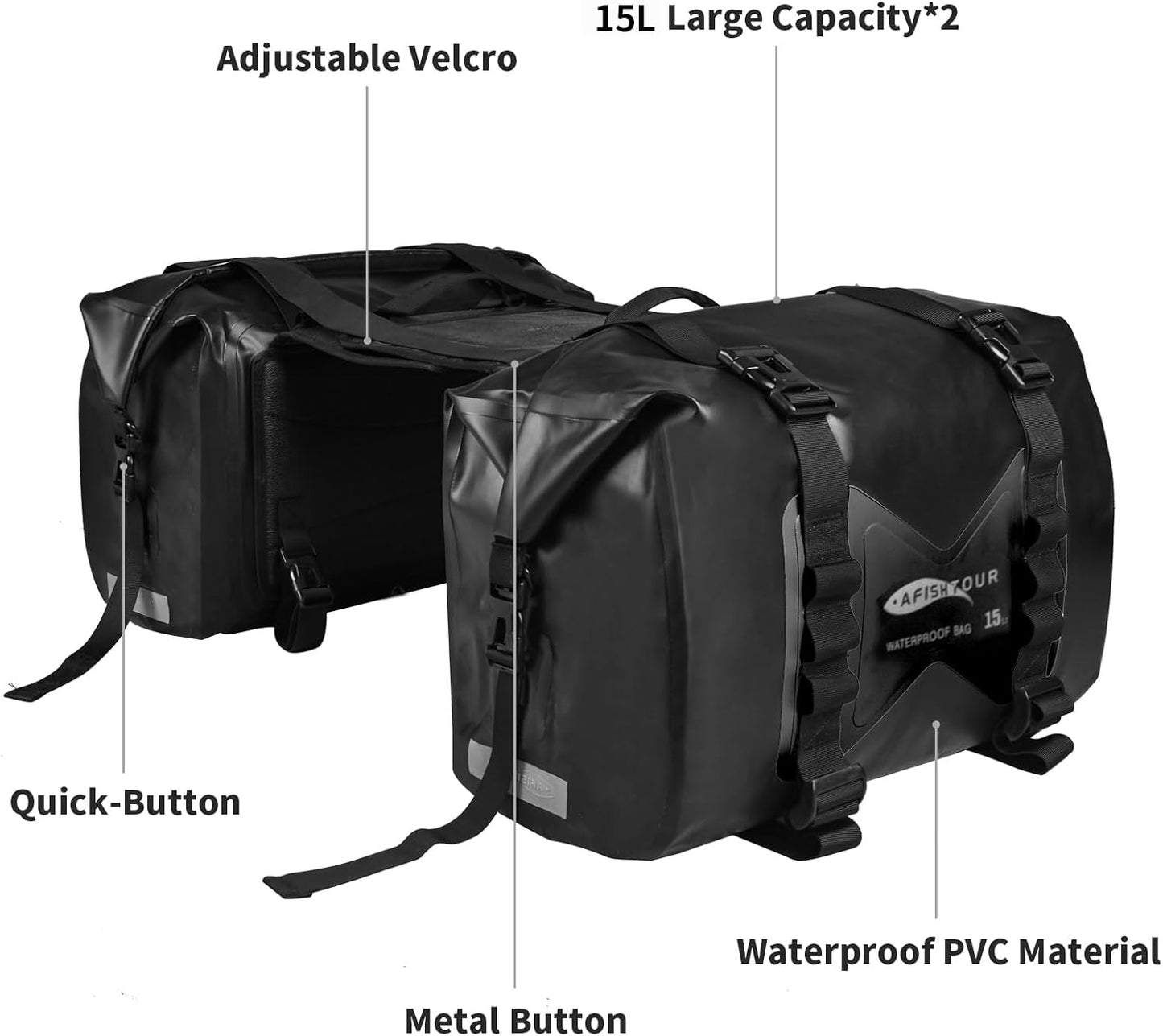 AFISHTOUR Waterproof Motorcycle Saddlebags - 30L Motorcycle Luggage Bags for Motorbike Travel - Motorcycle Panniers - Detachable Bag for Scooter, Honda, Suzuki, Yamaha (Black, 1 Pair)