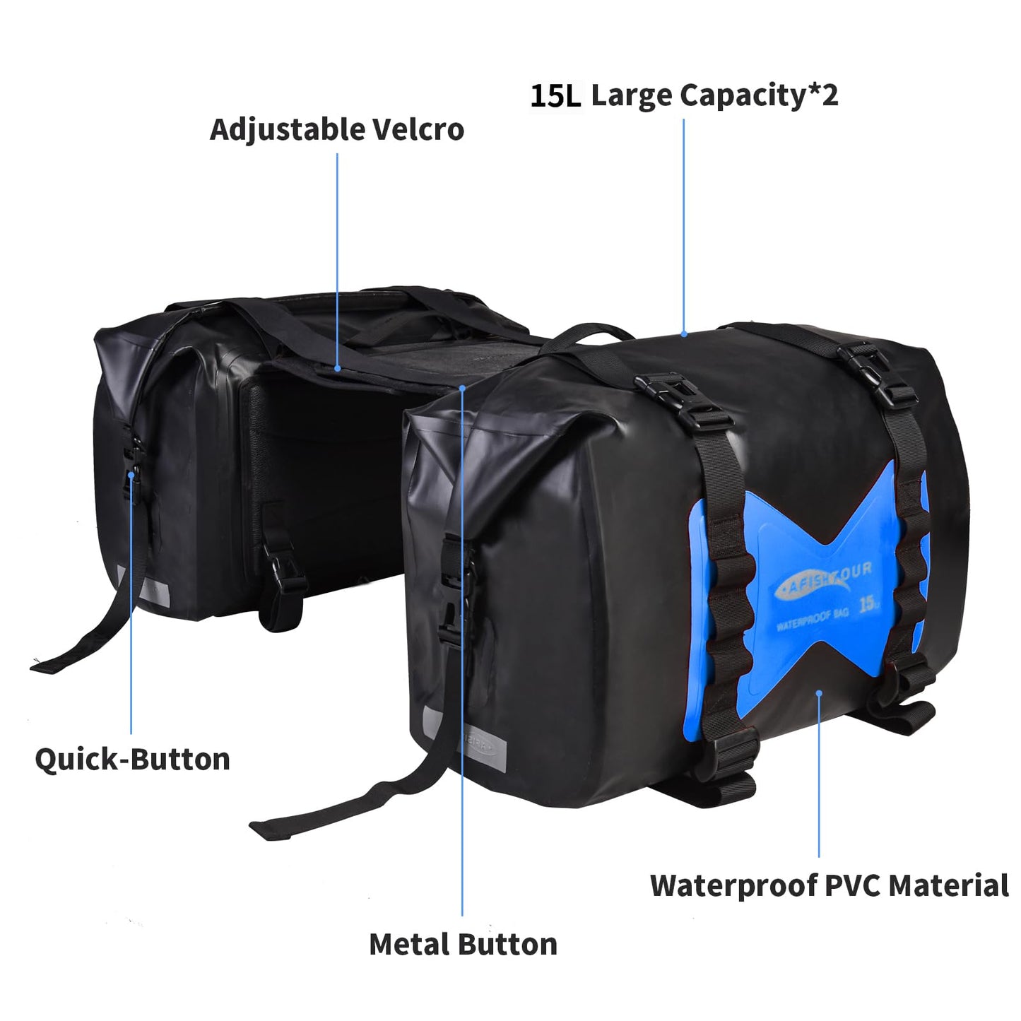 AFISHTOUR Waterproof Motorcycle Saddlebags - 30L Motorcycle Luggage Bags for Motorbike Travel - Motorcycle Panniers - Detachable Bag for Scooter, Honda, Suzuki, Yamaha (Bule, 2 Pack)