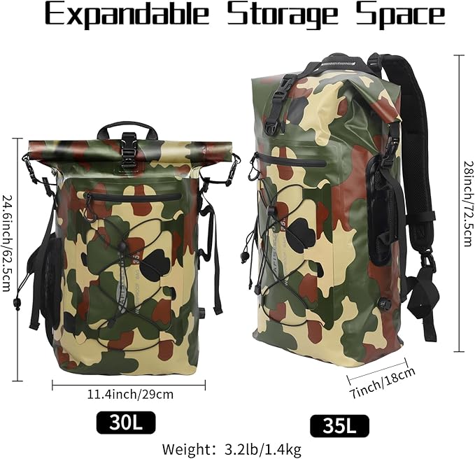AFISHTOUR 35L Waterproof Backpack for Men and Women - Roll-Top Floating Dry Bag Backpack for Kayaking, Rafting, Boating, Beach (green)