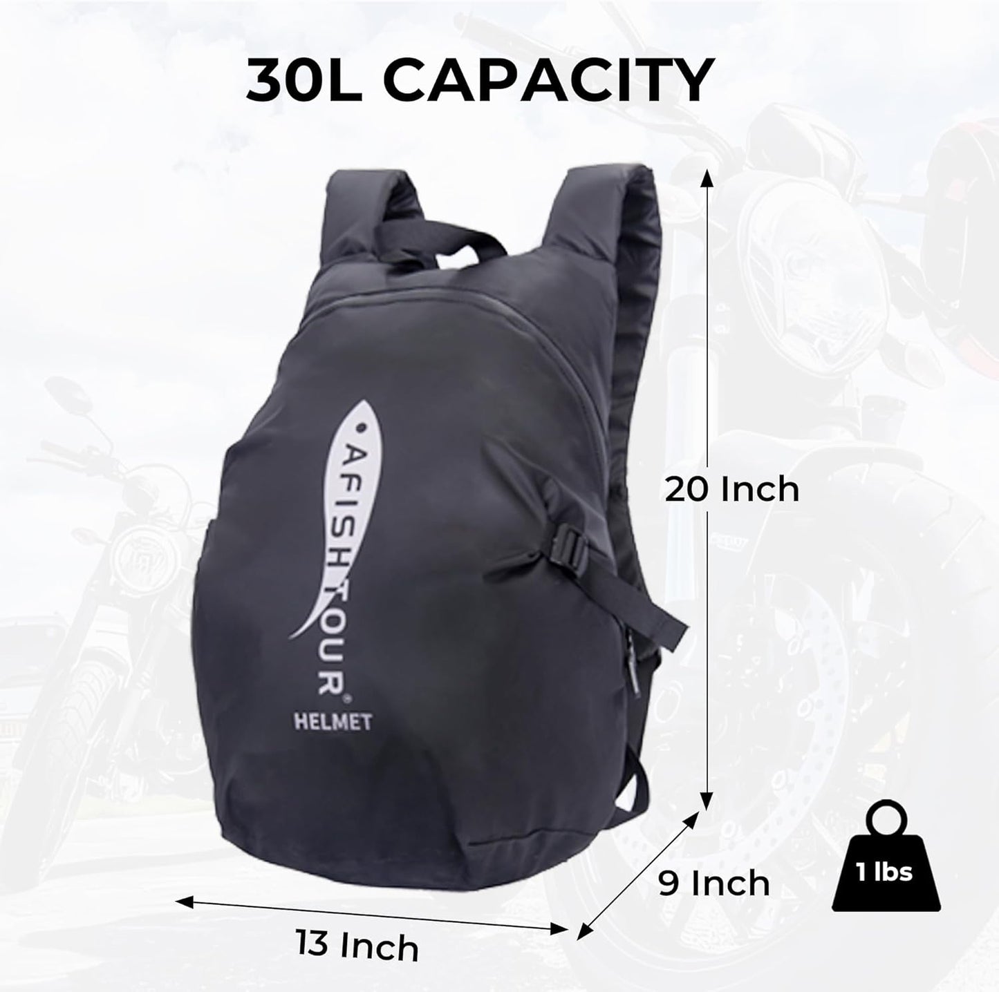 AFISHTOUR Waterproof Helmet Backpack for Motorcycle/Cycling/Skateboard, 30L Lightweight Motorbike Helmet Backpack for Men with Laptop Compartment, Inert Packet Reflective Logo (Black)