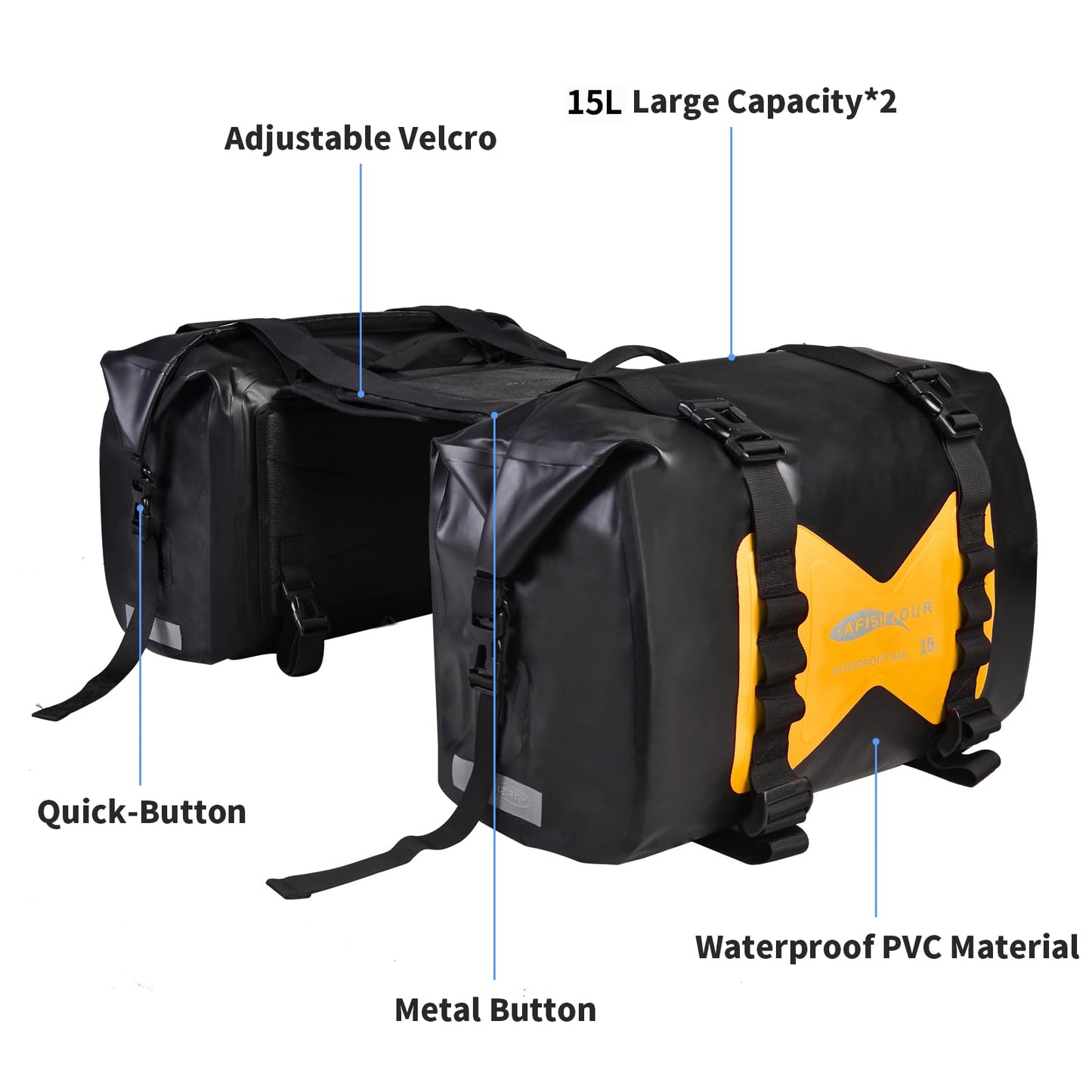 AFISHTOUR Waterproof Motorcycle Saddlebags - 30L Motorcycle Luggage Bags for Motorbike Travel - Motorcycle Panniers - Detachable Bag for Scooter, Honda, Suzuki, Yamaha (Yellow, 1 Pair)