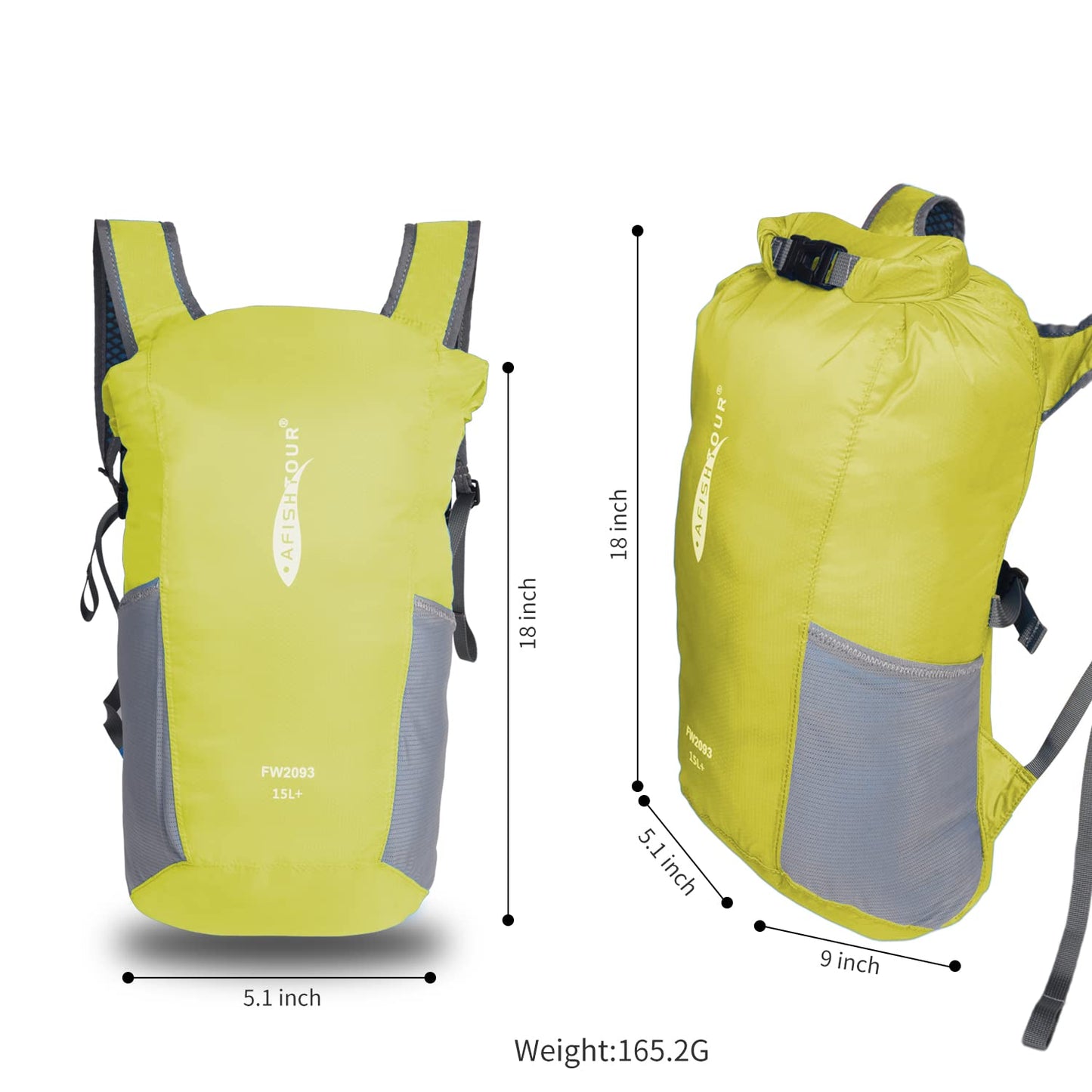 AFISHTOUR Ultralight Water Resistant Backpack for Men & Women, 15L Packable Hiking Daypack, Roll Top Closure Small Dry Bag Backpack for Cycling, Camping, Skiing, Boating (Yellow)