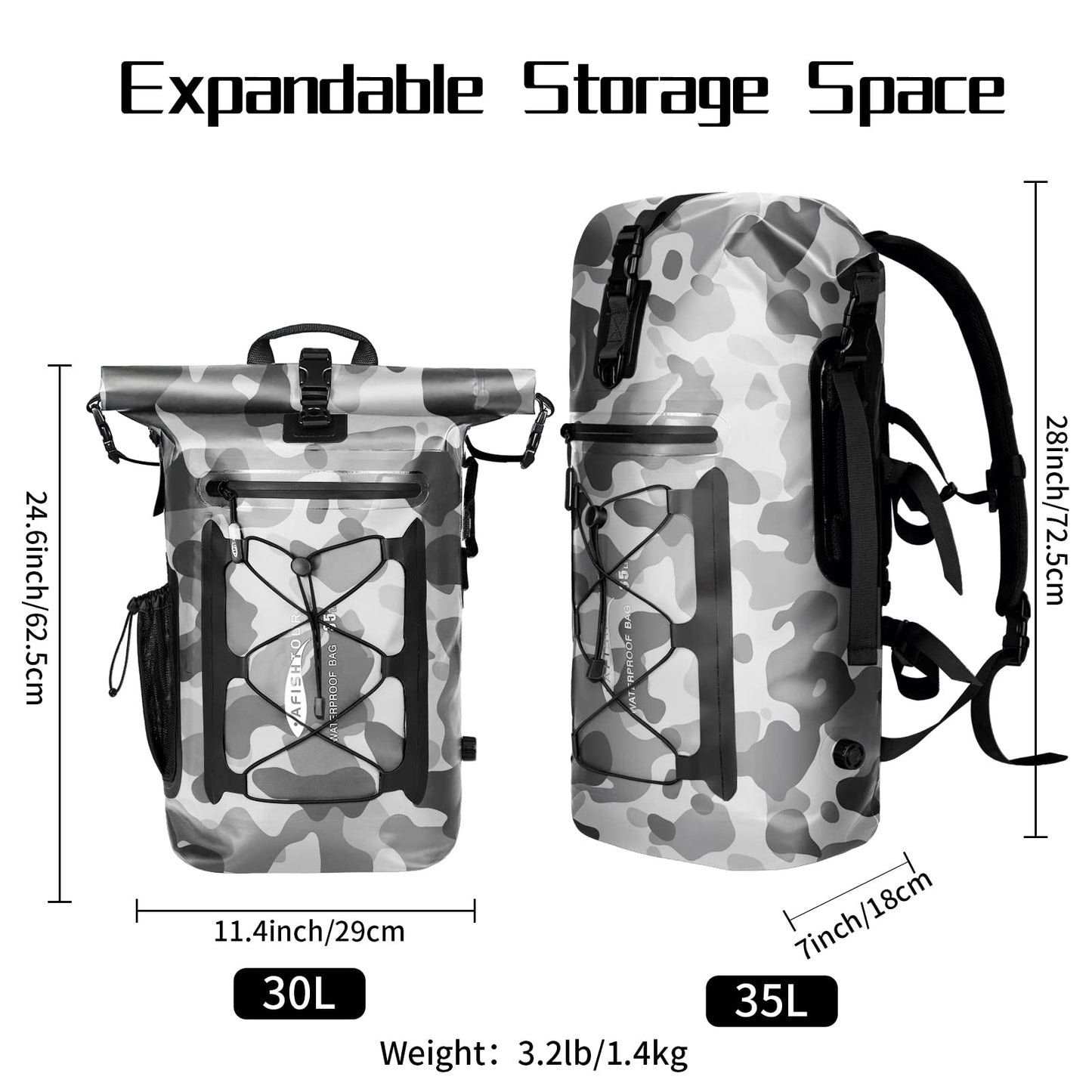 AFISHTOUR 35L Waterproof Backpack for Men and Women - Roll-Top Floating Dry Bag Backpack for Kayaking, Rafting, Boating, Beach (grey)