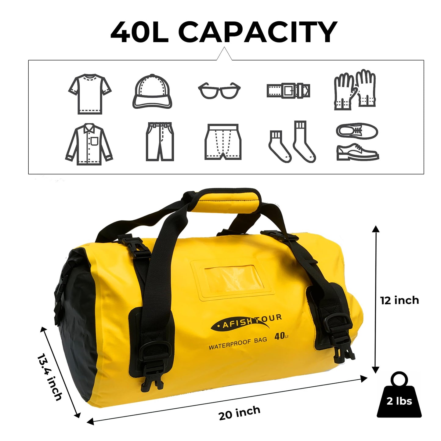 AFISHTOUR 40L Waterproof Motorcycle Duffel Bag - Motorcycle Luggage Tail Bag with Straps for Back Seat - Roll Top Dry Bag for Kayaking, Rafting, Boating, Beach (Yellow)