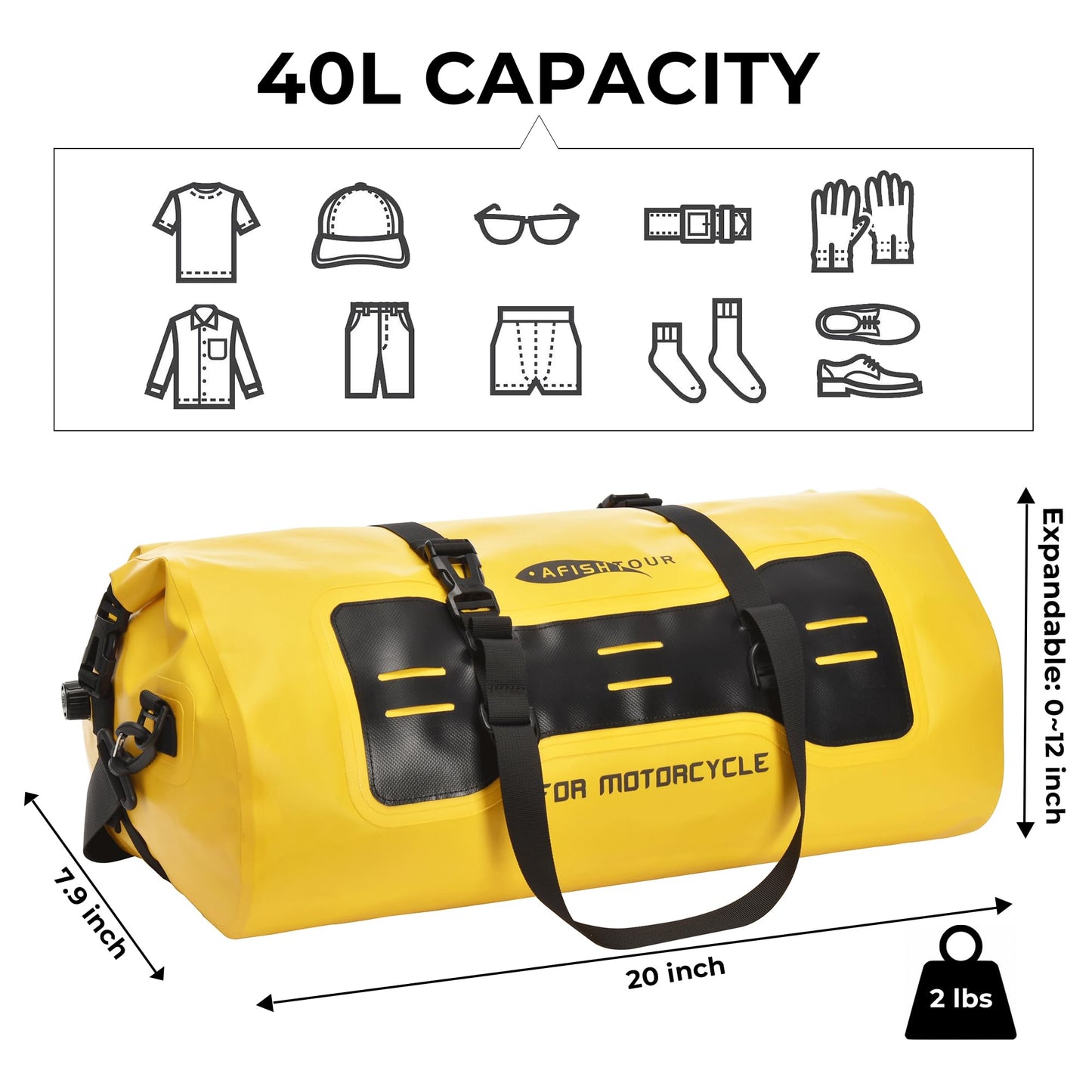 AFISHTOUR 40L Waterproof Motorcycle Duffel Bag - Motorcycle Luggage Tail Bag with Straps for Back Seat - Roll Top Dry Bag for Kayaking, Rafting, Boating, Camping, Travel, Beach (Yellow)