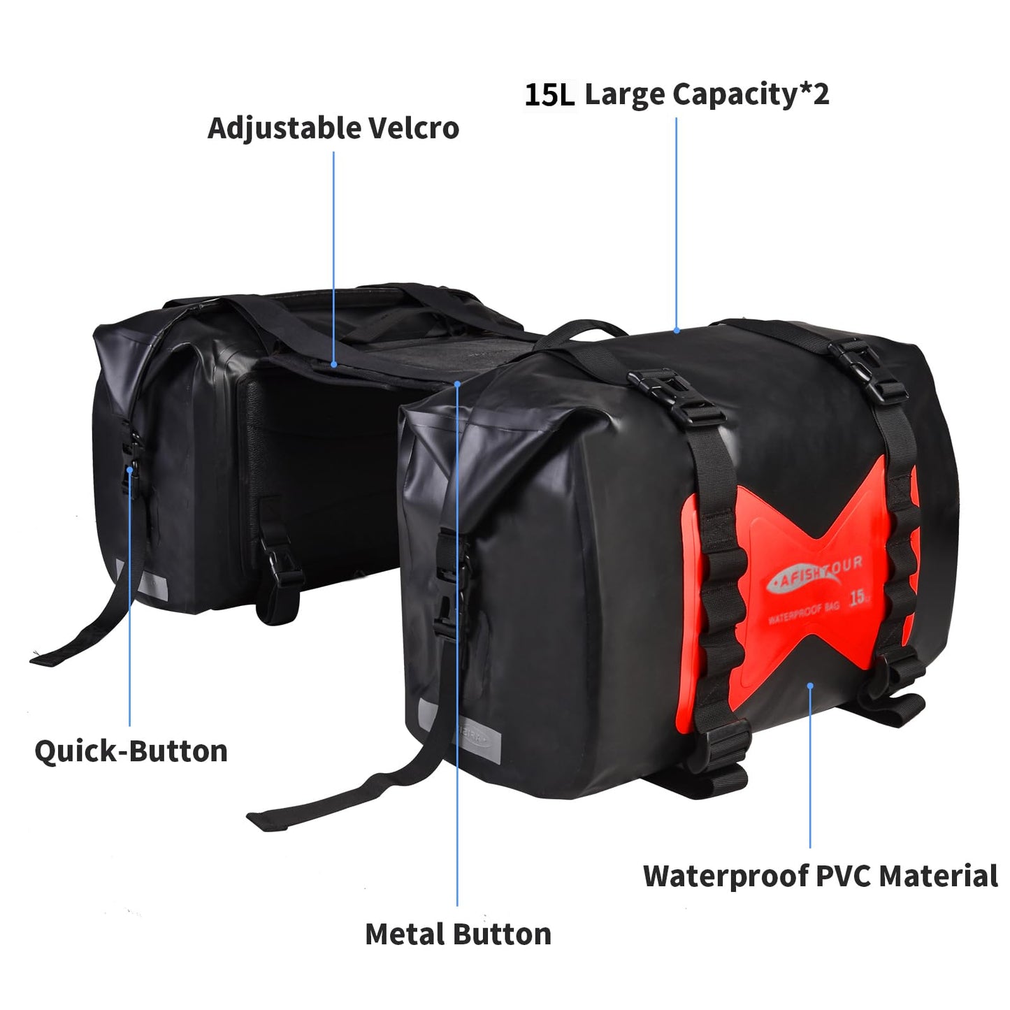 AFISHTOUR Waterproof Motorcycle Saddlebags - 30L Motorcycle Luggage Bags for Motorbike Travel - Motorcycle Panniers - Detachable Bag for Scooter, Honda, Suzuki, Yamaha (Red, 2 Pack)