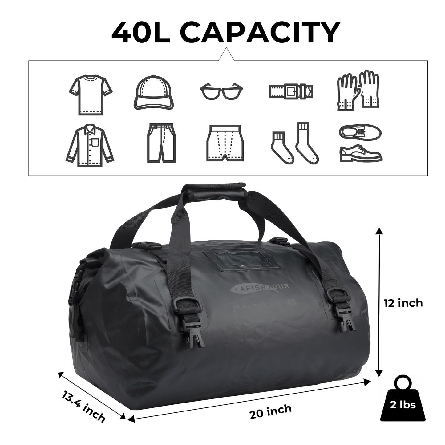 AFISHTOUR 40L Waterproof Motorcycle Duffel Bag - Motorcycle Luggage Tail Bag with Straps for Back Seat - Roll Top Dry Bag for Kayaking, Rafting, Boating, Beach (Black)