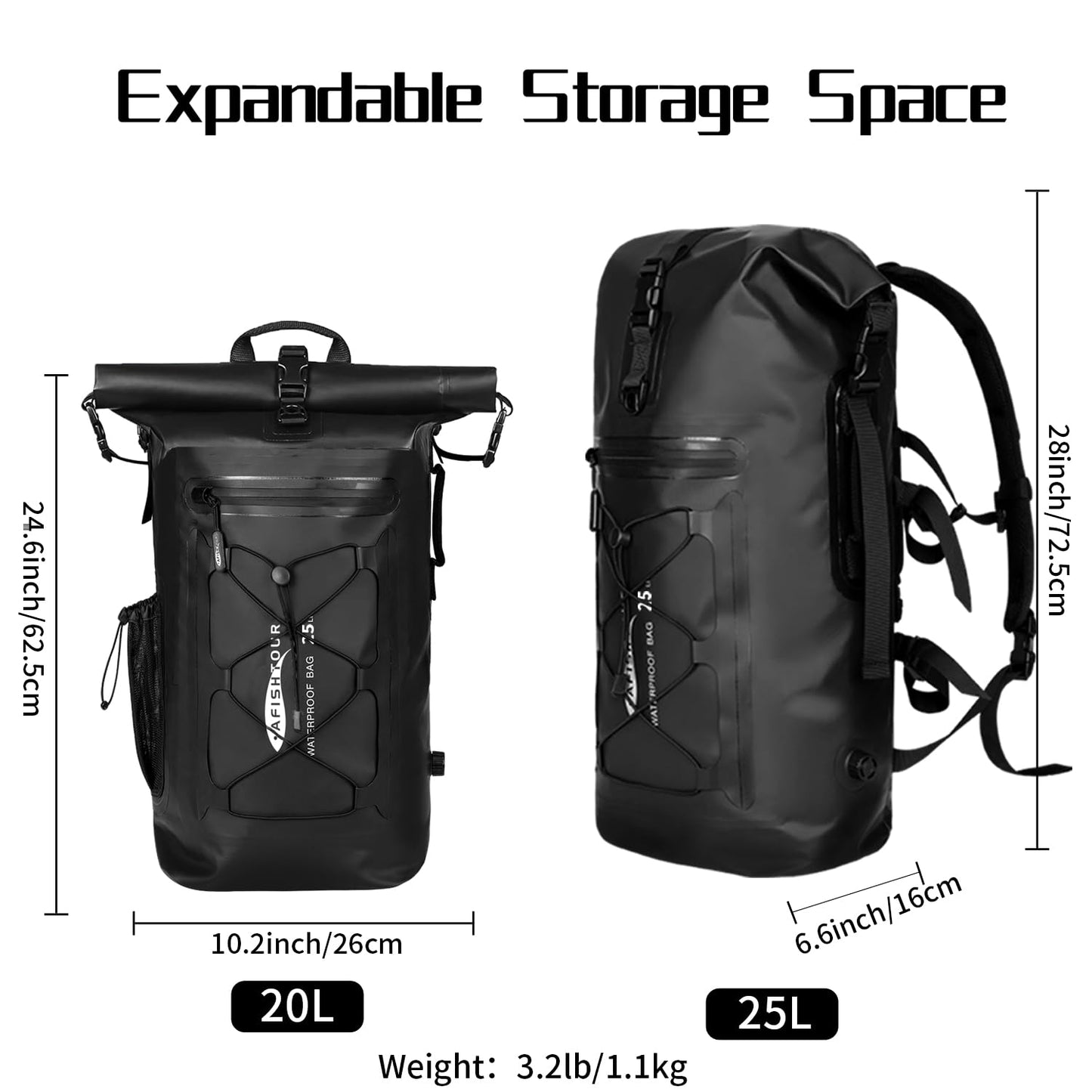 AFISHTOUR 25L Waterproof Backpack for Men and Women - Roll-Top Floating Dry Bag Backpack for Kayaking, Rafting, Boating, Beach (Black)