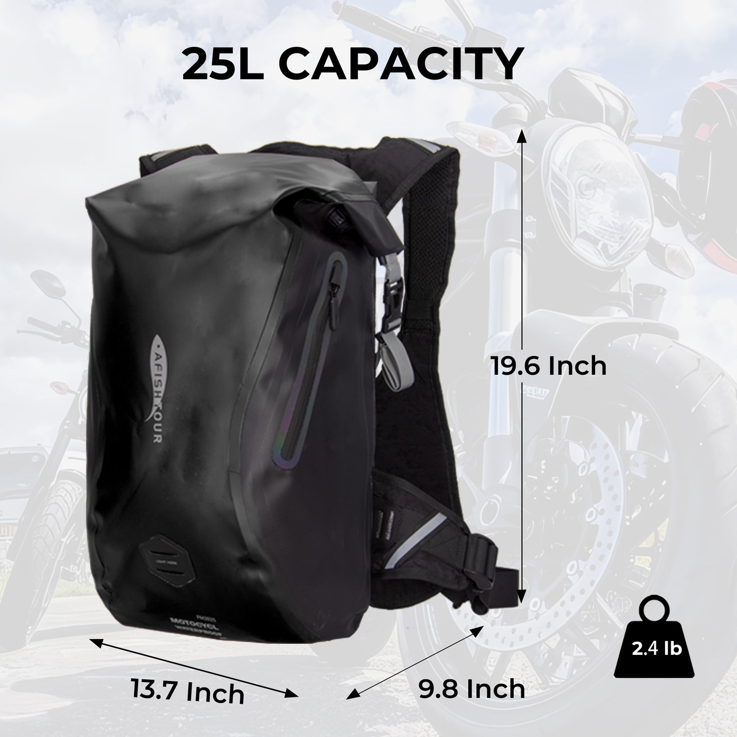 AFISHTOUR Waterproof Motorcycle Backpack for Men and Women - 25L Roll-Top Closure Dry Bag Backpack with Vest-Like Shoulder Straps, Side Pockets, Reflective Logo (Black)