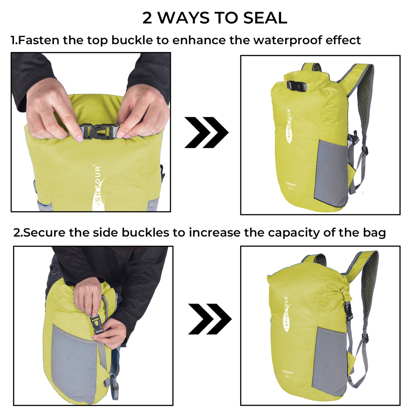 AFISHTOUR Ultralight Water Resistant Backpack for Men & Women, 15L Packable Hiking Daypack, Roll Top Closure Small Dry Bag Backpack for Cycling, Camping, Skiing, Boating (Yellow)