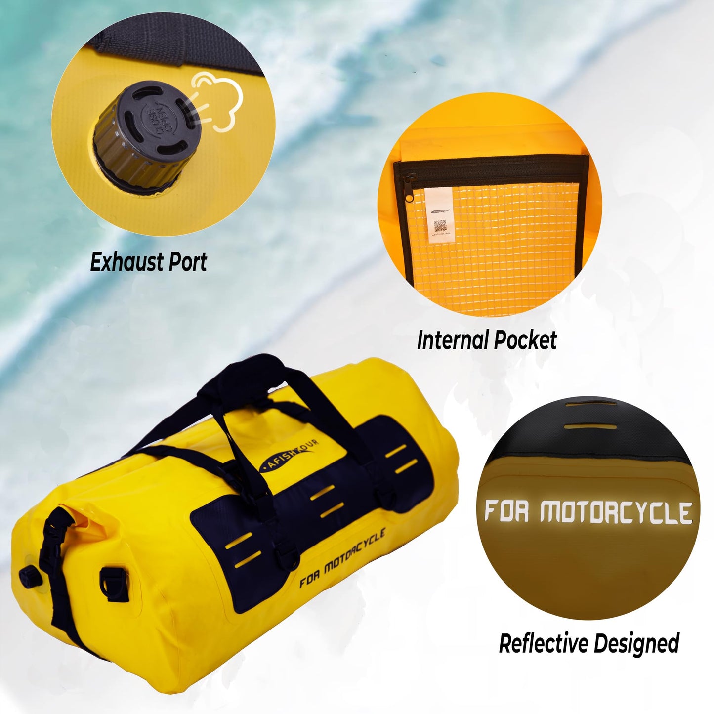 AFISHTOUR 40L Waterproof Motorcycle Duffel Bag - Motorcycle Luggage Tail Bag with Straps for Back Seat - Roll Top Dry Bag for Kayaking, Rafting, Boating, Camping, Travel, Beach (Yellow)