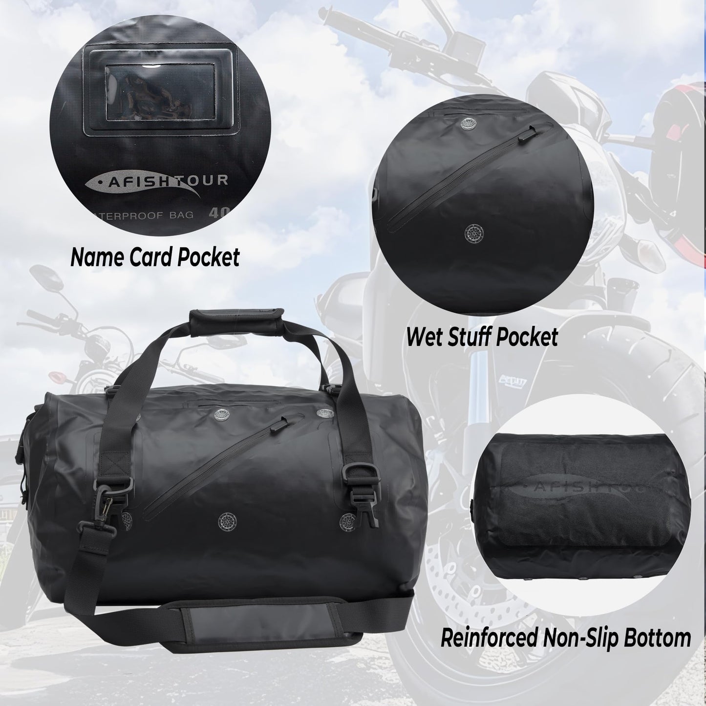 AFISHTOUR 40L Waterproof Motorcycle Duffel Bag - Motorcycle Luggage Tail Bag with Straps for Back Seat - Roll Top Dry Bag for Kayaking, Rafting, Boating, Beach (Black)