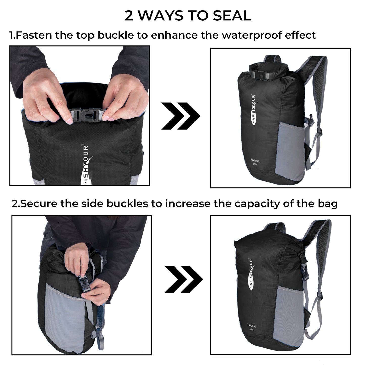 AFISHTOUR Ultralight Water Resistant Backpack for Men & Women, 15L Packable Hiking Daypack, Roll Top Closure Small Dry Bag Backpack for Cycling, Camping, Skiing, Boating (Black)