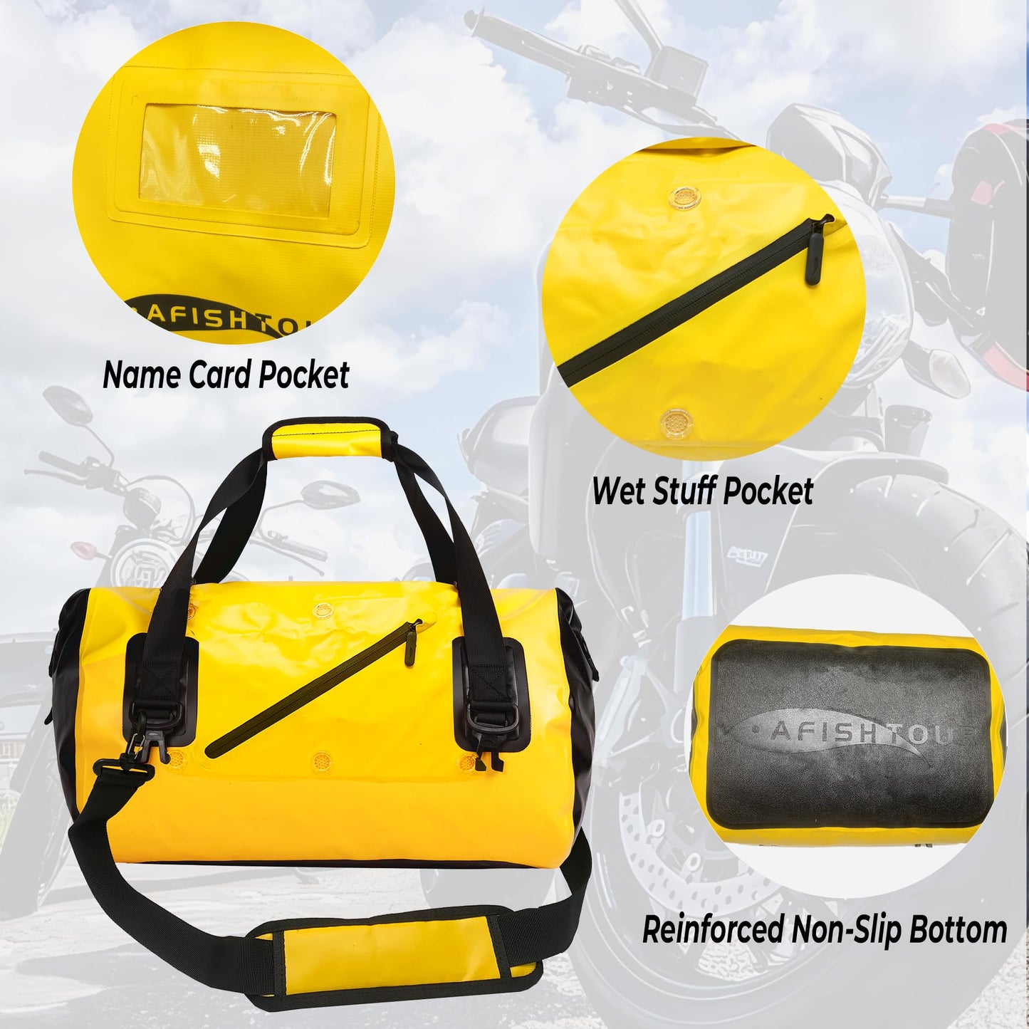 AFISHTOUR 40L Waterproof Motorcycle Duffel Bag - Motorcycle Luggage Tail Bag with Straps for Back Seat - Roll Top Dry Bag for Kayaking, Rafting, Boating, Beach (Yellow)