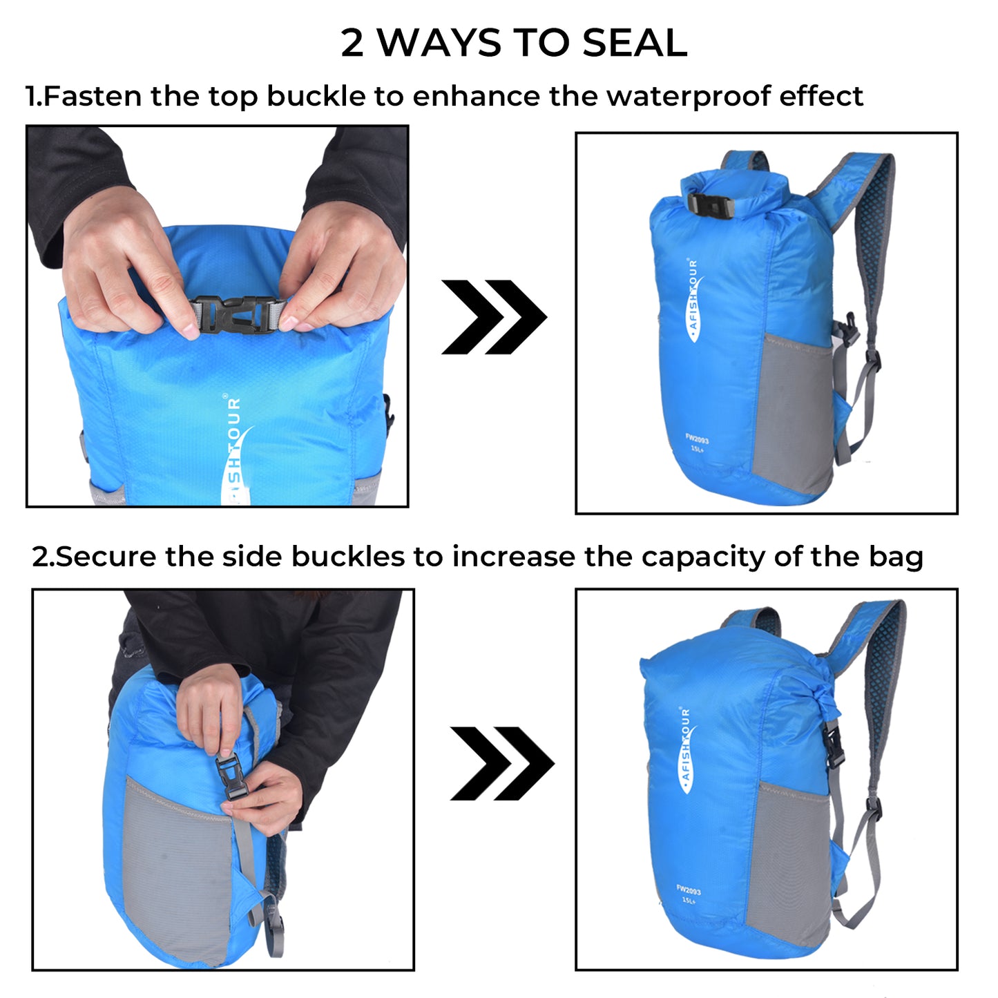 AFISHTOUR Ultralight Water Resistant Backpack for Men & Women, 15L Packable Hiking Daypack, Roll Top Closure Small Dry Bag Backpack for Cycling, Camping, Skiing, Boating (Blue)