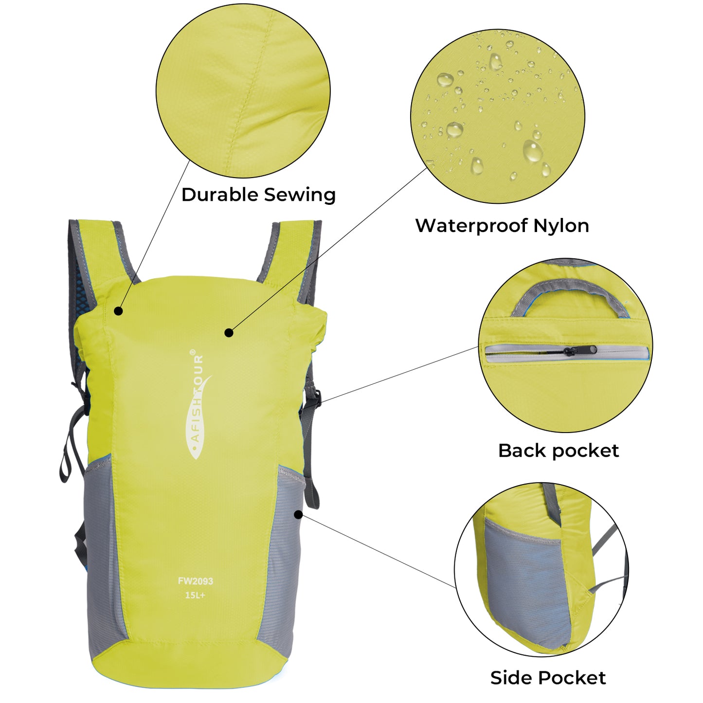 AFISHTOUR Ultralight Water Resistant Backpack for Men & Women, 15L Packable Hiking Daypack, Roll Top Closure Small Dry Bag Backpack for Cycling, Camping, Skiing, Boating (Yellow)
