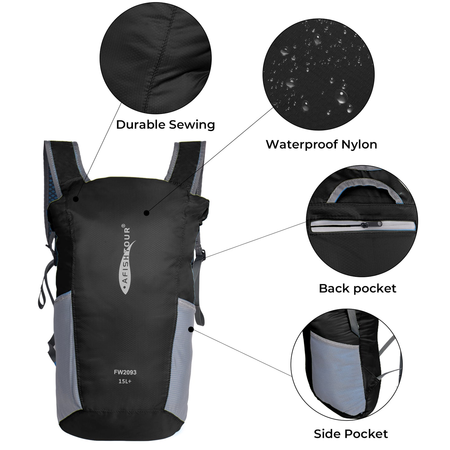 AFISHTOUR Ultralight Water Resistant Backpack for Men & Women, 15L Packable Hiking Daypack, Roll Top Closure Small Dry Bag Backpack for Cycling, Camping, Skiing, Boating (Black)