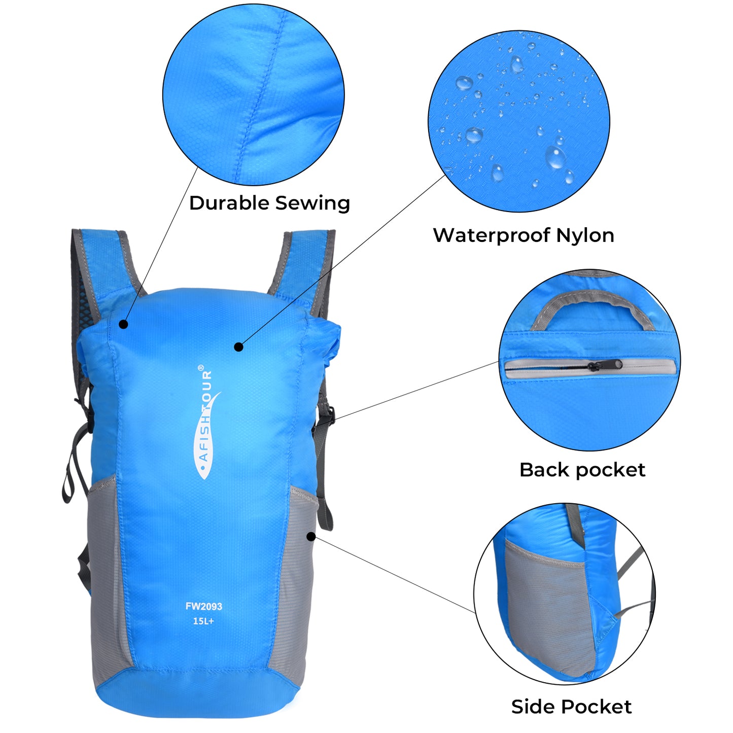 AFISHTOUR Ultralight Water Resistant Backpack for Men & Women, 15L Packable Hiking Daypack, Roll Top Closure Small Dry Bag Backpack for Cycling, Camping, Skiing, Boating (Blue)