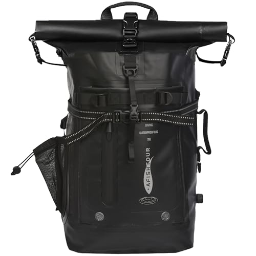 AFISHTOUR 35L Waterproof Backpack for Men and Women - Heavy Duty Roll-Top Floating Dry Bag Backpack for Kayaking, Rafting, Boating, Beach (Black)