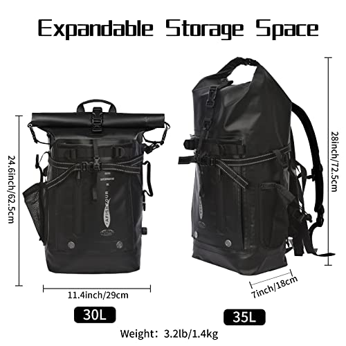 AFISHTOUR 35L Waterproof Backpack for Men and Women - Heavy Duty Roll-Top Floating Dry Bag Backpack for Kayaking, Rafting, Boating, Beach (Black)