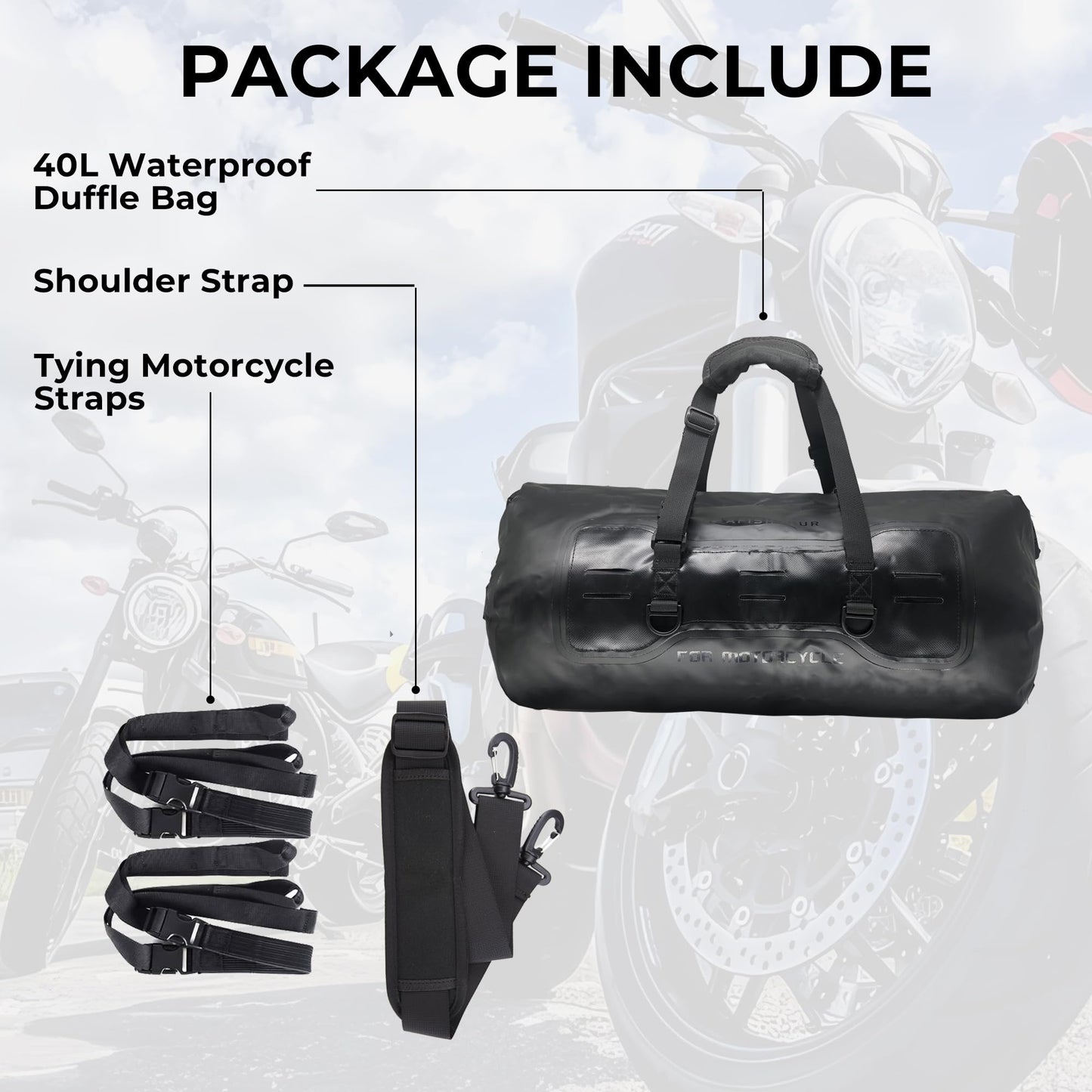 AFISHTOUR 40L Waterproof Motorcycle Duffel Bag - Motorcycle Luggage Tail Bag with Straps for Back Seat - Roll Top Dry Bag for Kayaking, Rafting, Boating, Camping, Travel, Beach (Black)