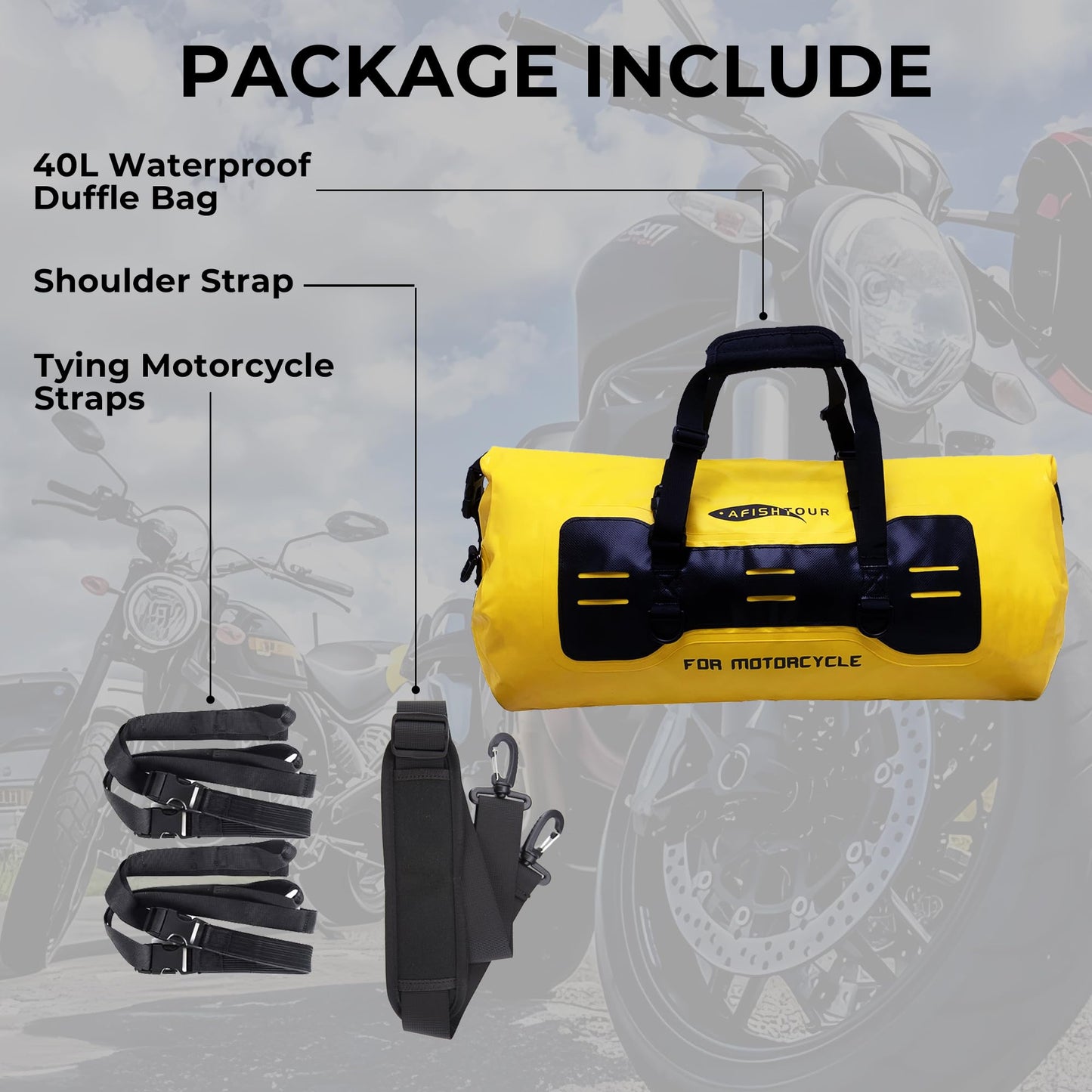 AFISHTOUR 40L Waterproof Motorcycle Duffel Bag - Motorcycle Luggage Tail Bag with Straps for Back Seat - Roll Top Dry Bag for Kayaking, Rafting, Boating, Camping, Travel, Beach (Yellow)