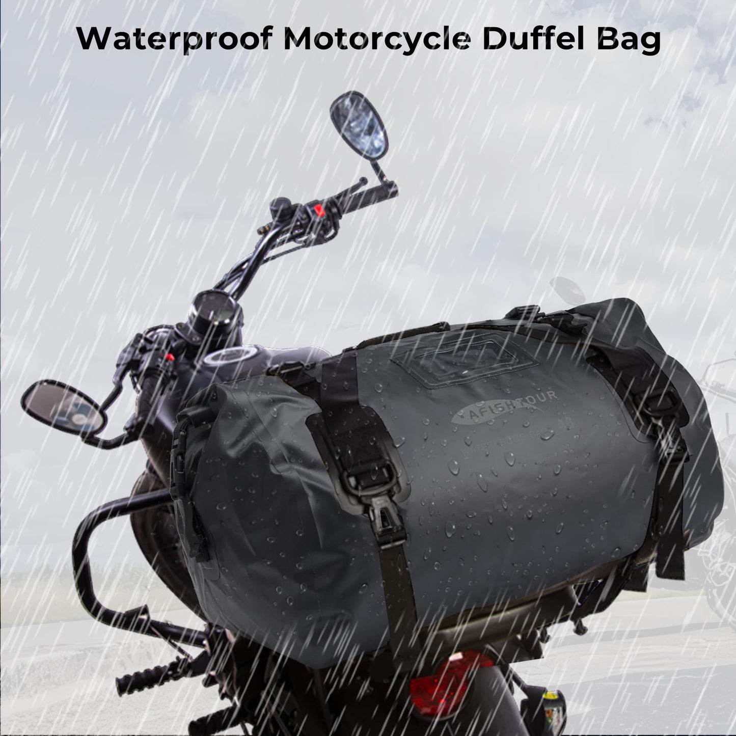 AFISHTOUR 40L Waterproof Motorcycle Duffel Bag - Motorcycle Luggage Tail Bag with Straps for Back Seat - Roll Top Dry Bag for Kayaking, Rafting, Boating, Beach (Black)