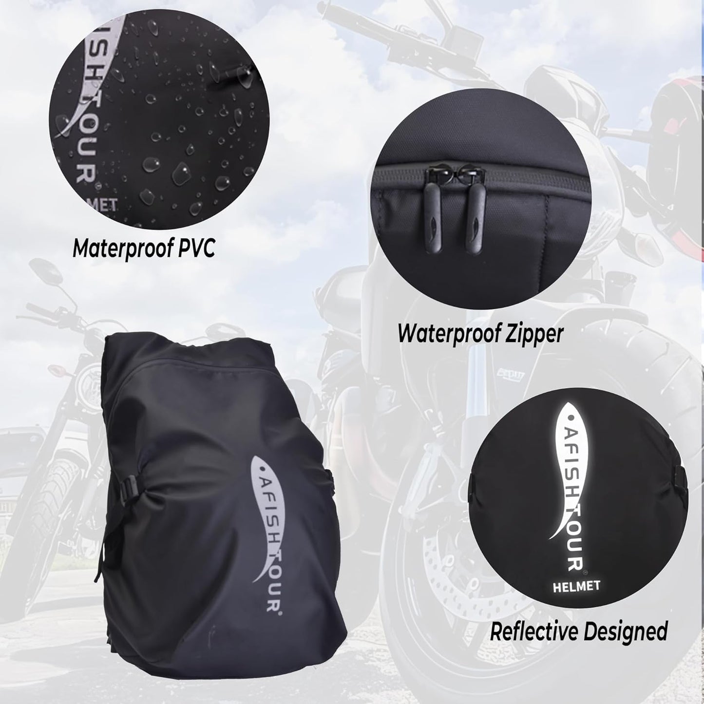 AFISHTOUR Waterproof Helmet Backpack for Motorcycle/Cycling/Skateboard, 30L Lightweight Motorbike Helmet Backpack for Men with Laptop Compartment, Inert Packet Reflective Logo (Black)