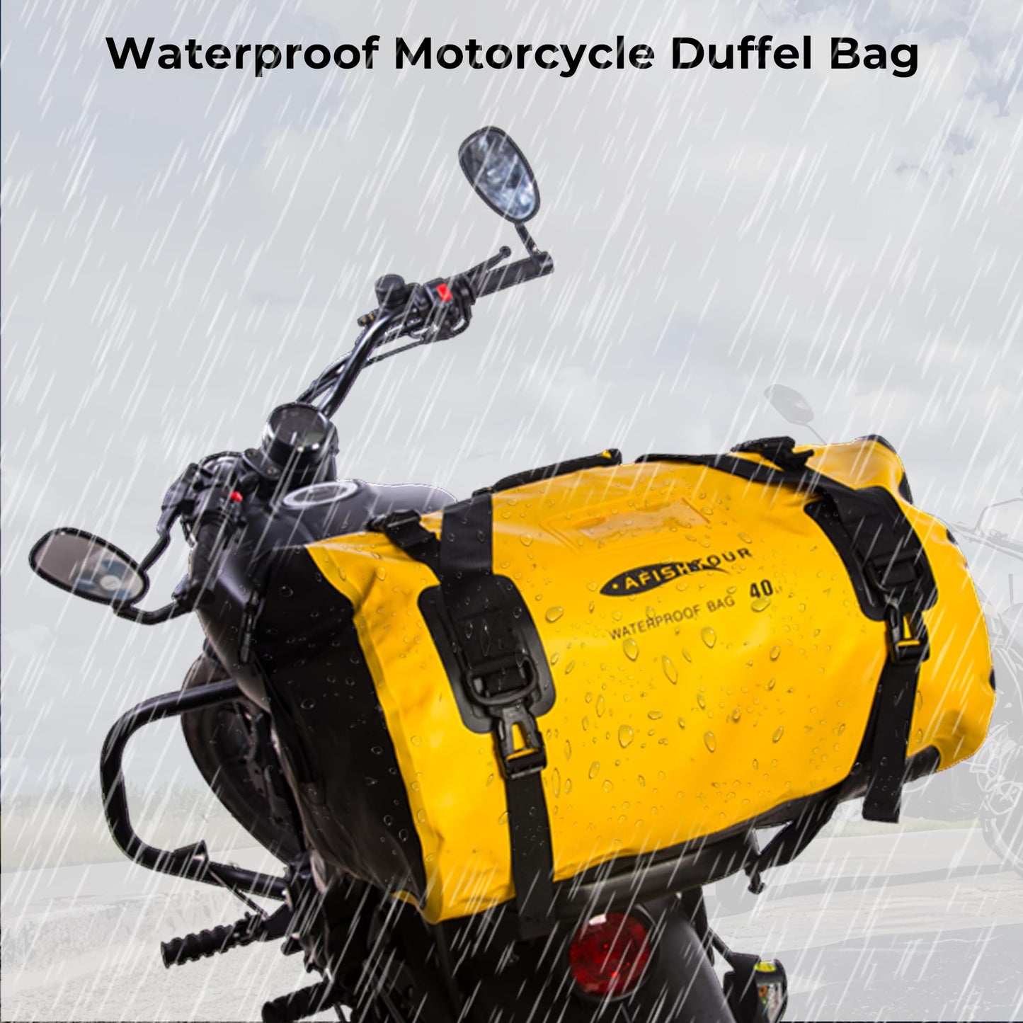 AFISHTOUR 40L Waterproof Motorcycle Duffel Bag - Motorcycle Luggage Tail Bag with Straps for Back Seat - Roll Top Dry Bag for Kayaking, Rafting, Boating, Beach (Yellow)