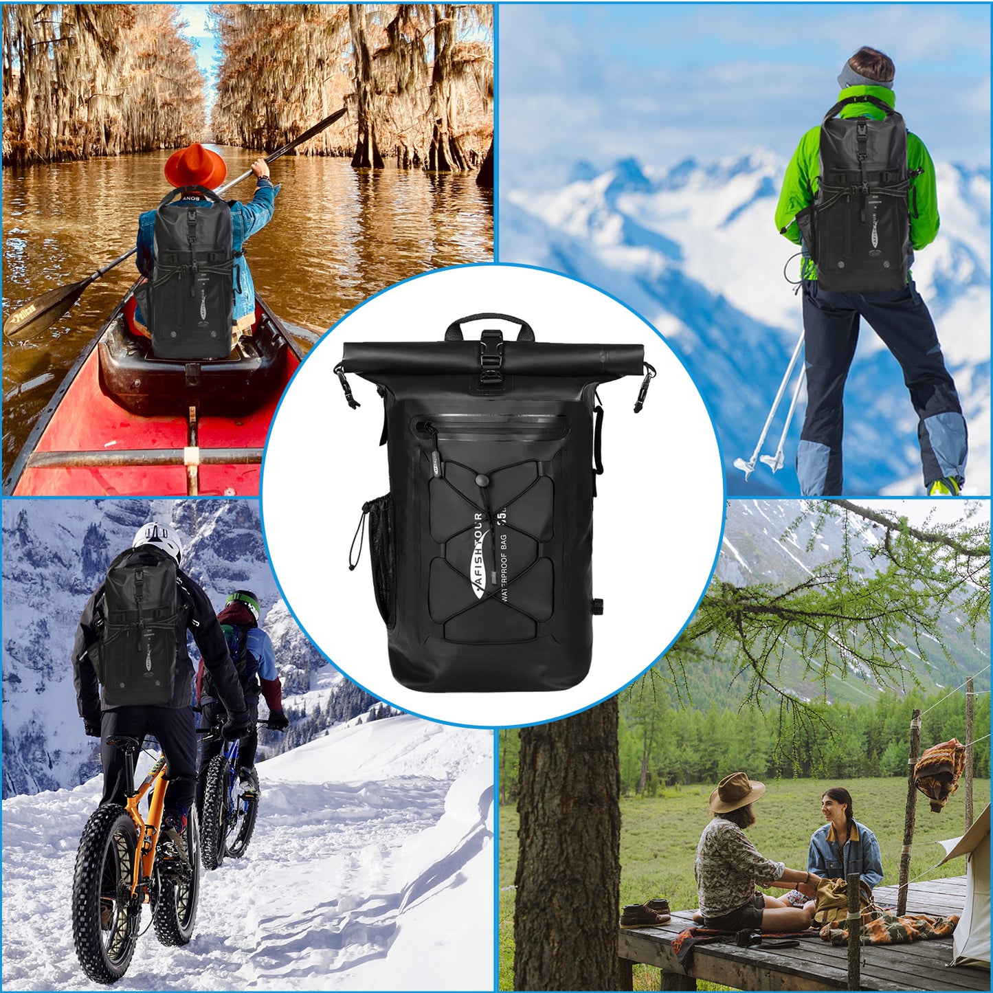 AFISHTOUR 35L Waterproof Backpack for Men and Women - Roll-Top Floating Dry Bag Backpack for Kayaking, Rafting, Boating, Beach (Black)