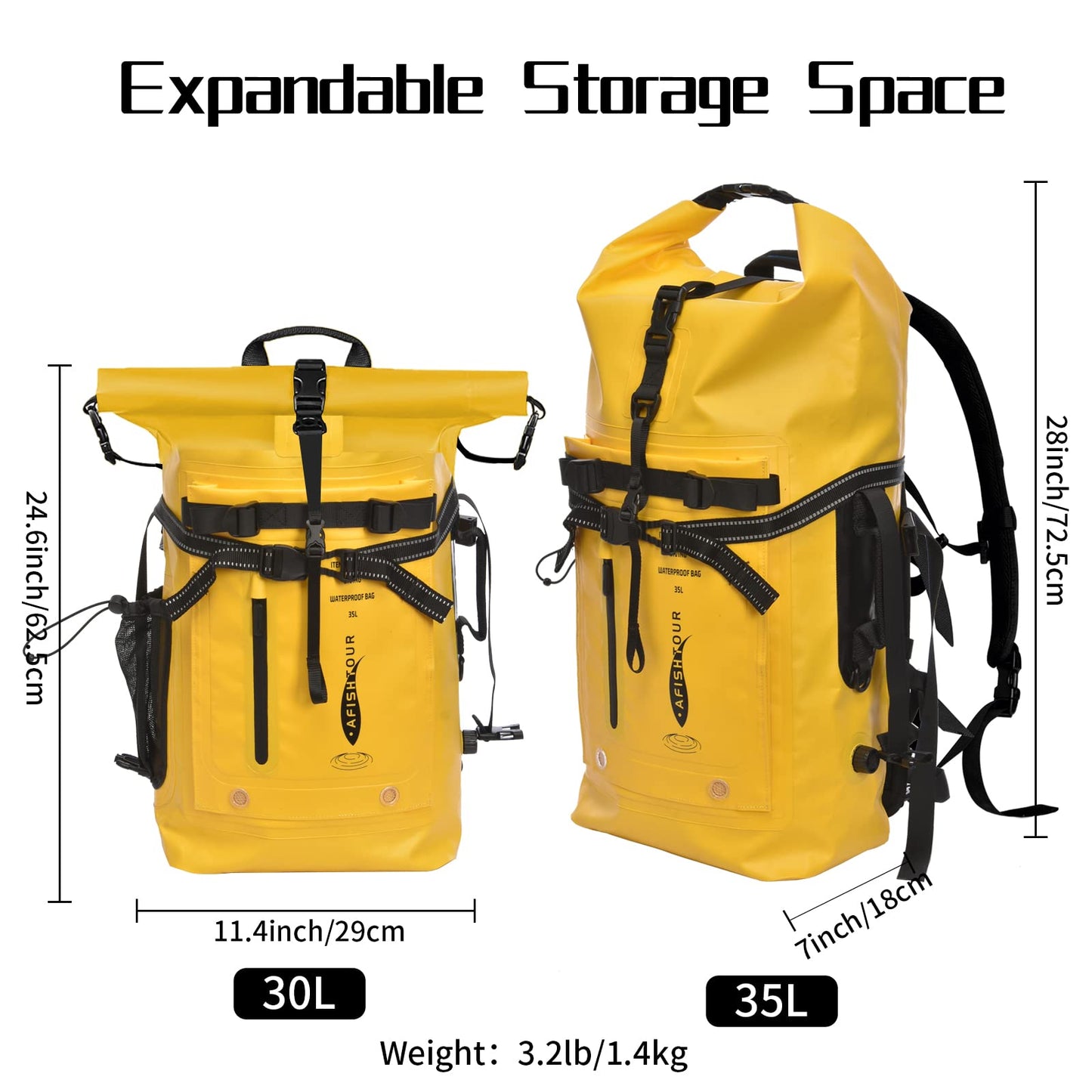 AFISHTOUR 35L Waterproof Backpack for Men and Women - Heavy Duty Roll-Top Floating Dry Bag Backpack for Kayaking, Rafting, Boating, Beach (Yellow)