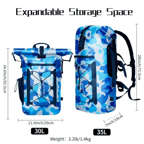 AFISHTOUR 35L Waterproof Backpack for Men and Women - Roll-Top Floating Dry Bag Backpack for Kayaking, Rafting, Boating, Beach (Blue)