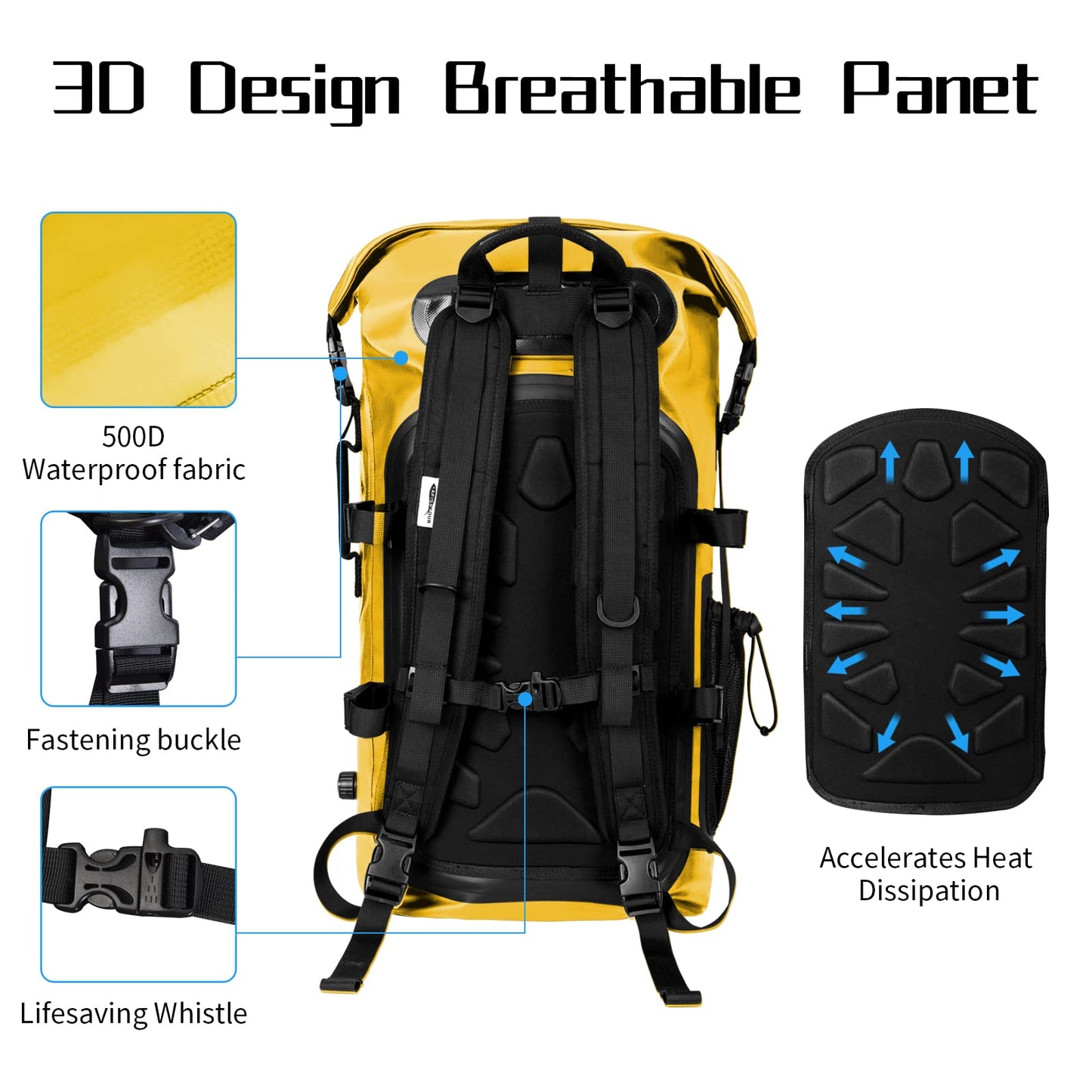 AFISHTOUR 35L Waterproof Backpack for Men and Women - Heavy Duty Roll-Top Floating Dry Bag Backpack for Kayaking, Rafting, Boating, Beach (Yellow)