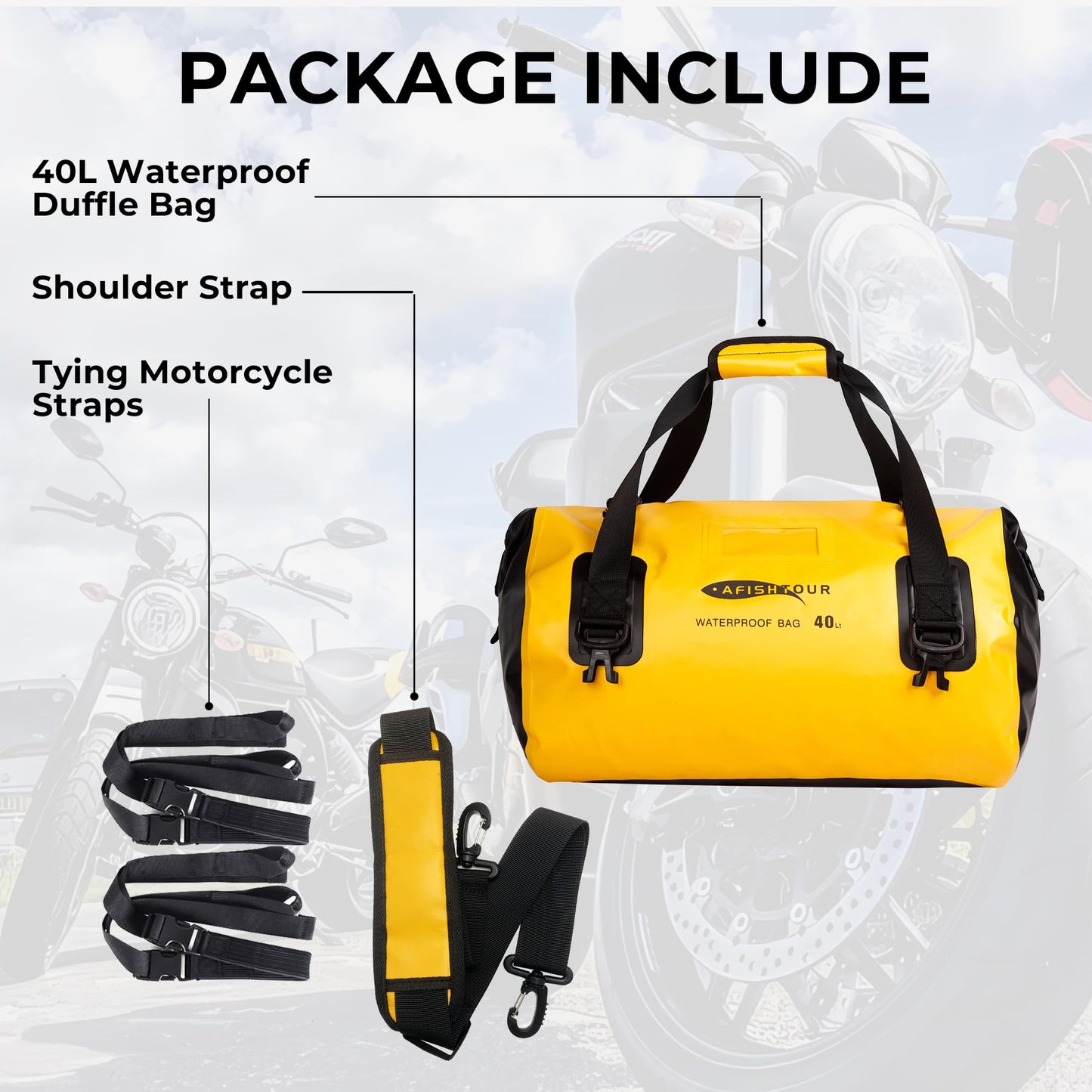 AFISHTOUR 40L Waterproof Motorcycle Duffel Bag - Motorcycle Luggage Tail Bag with Straps for Back Seat - Roll Top Dry Bag for Kayaking, Rafting, Boating, Beach (Yellow)