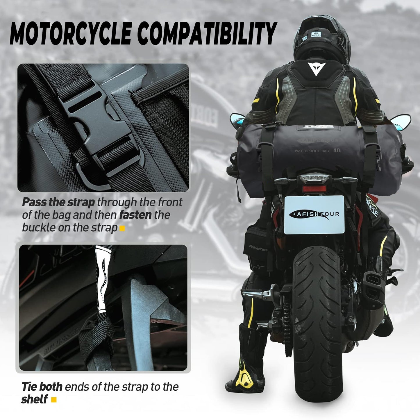 AFISHTOUR 40L Waterproof Motorcycle Duffel Bag - Motorcycle Luggage Tail Bag with Straps for Back Seat - Roll Top Dry Bag for Kayaking, Rafting, Boating, Beach (Black)