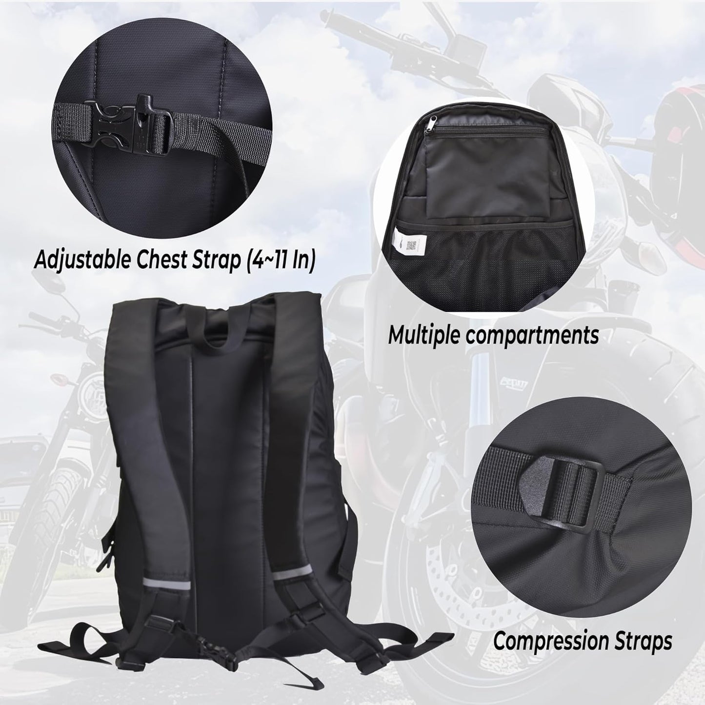 AFISHTOUR Waterproof Helmet Backpack for Motorcycle/Cycling/Skateboard, 30L Lightweight Motorbike Helmet Backpack for Men with Laptop Compartment, Inert Packet Reflective Logo (Black)